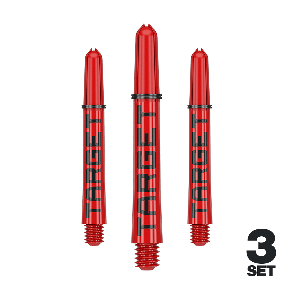 Target Pro Grip TAG Shafts - 3 Sets - Rot Das Bild zeigt drei rote Dartschäfte mit der Aufschrift "TARGET". Unten rechts steht "3 SET", was auf ein Set mit drei Stück hinweist.