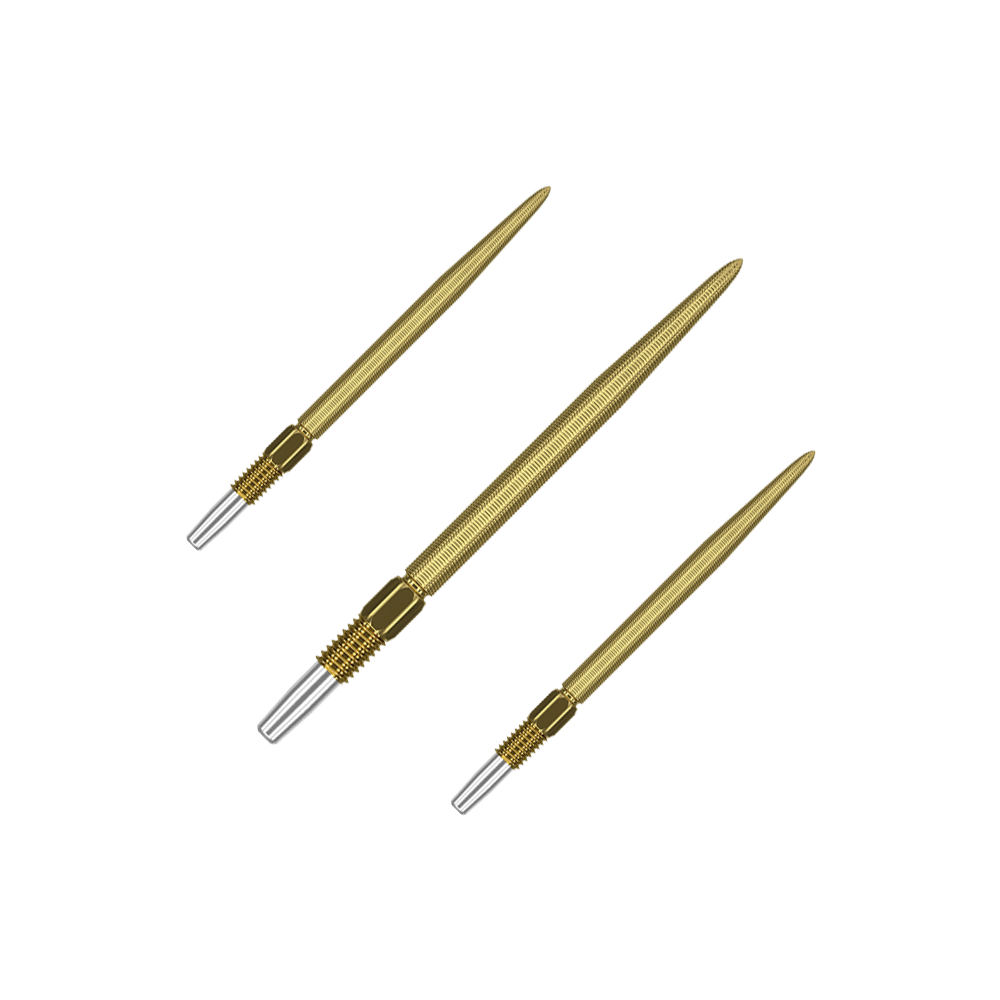 Target Swiss Point Nano Dartspitzen - Gold Auf dem Bild sind drei goldfarbene Dartspitzen zu sehen. Sie haben eine feine Riffelung und ein silbernes Schraubgewinde am Ende.