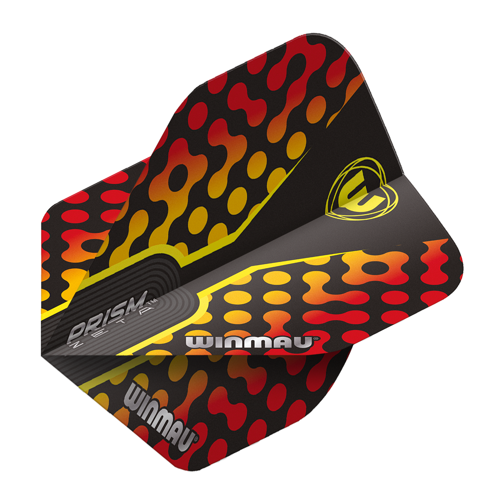 Das Bild zeigt die Winmau Prism Zeta RedOrange Standard Flights für Dartpfeile. Das Design ist schwarz mit roten und orange-gelben Mustern und dem Winmau-Logo.