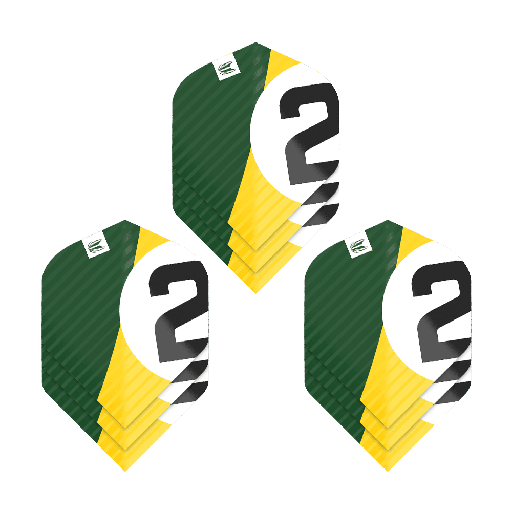 Das Bild zeigt drei Sätze Dartflights mit der Aufschrift „2“ in den Farben Grün, Gelb und Weiß. Die Flights sind vom Typ Target Pro Ultra Chicane Green No2 Standard.