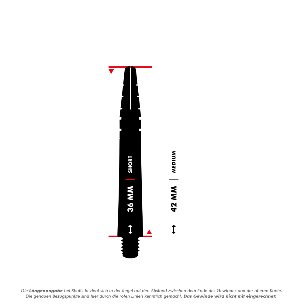C440_Red_Dragon_Nitrotech_Shafts_5_36mm Das Bild zeigt zwei verschiedene Längen der Red Dragon Nitrotech Peter Wright Shafts - Black Gold. Die kurze Version ist 36 mm lang, die mittlere Version ist 42 mm lang.
