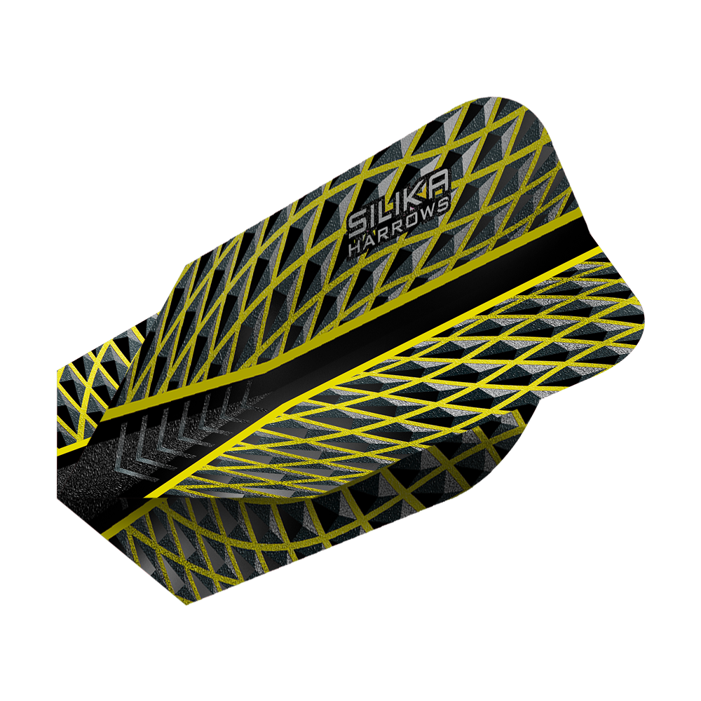 Das Bild zeigt das Produkt "Harrows Silika Yellow Slim Flights". Es hat ein schlankes Design mit einem auffälligen gelben und schwarzen Muster.