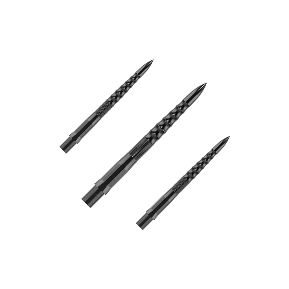 Mission Caliburn EVO Dartspitzen - Ripple - Schwarz Auf dem Bild sind drei schwarze Steeldartspitzen mit einem geriffelten Muster zu sehen. Sie sind als Set angeordnet und haben eine Länge von 26 mm.
