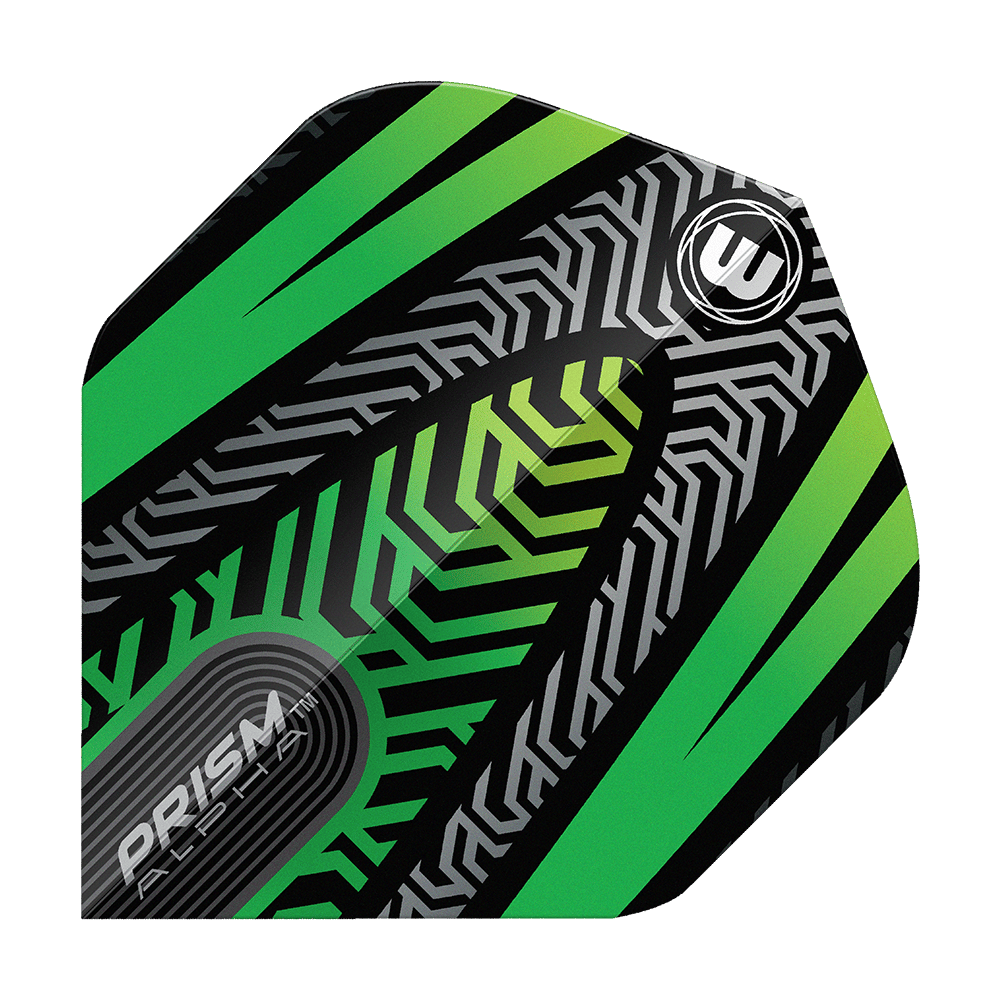 Das Bild zeigt ein Winmau Prism Alpha Schwarz Grün No2 Standard Flight. Das Design ist schwarz mit grünen und silbernen Mustern sowie dem Winmau-Logo.