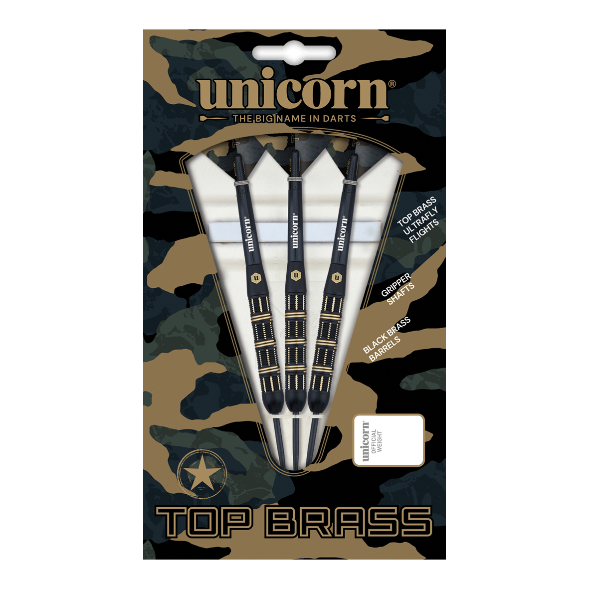 Auf dem Bild ist das Produkt „Unicorn Top Brass V3 Steeldarts - 21g“ zu sehen. Die Verpackung enthält drei schwarze Darts mit goldenen Akzenten und weiß-schwarzen Flights.