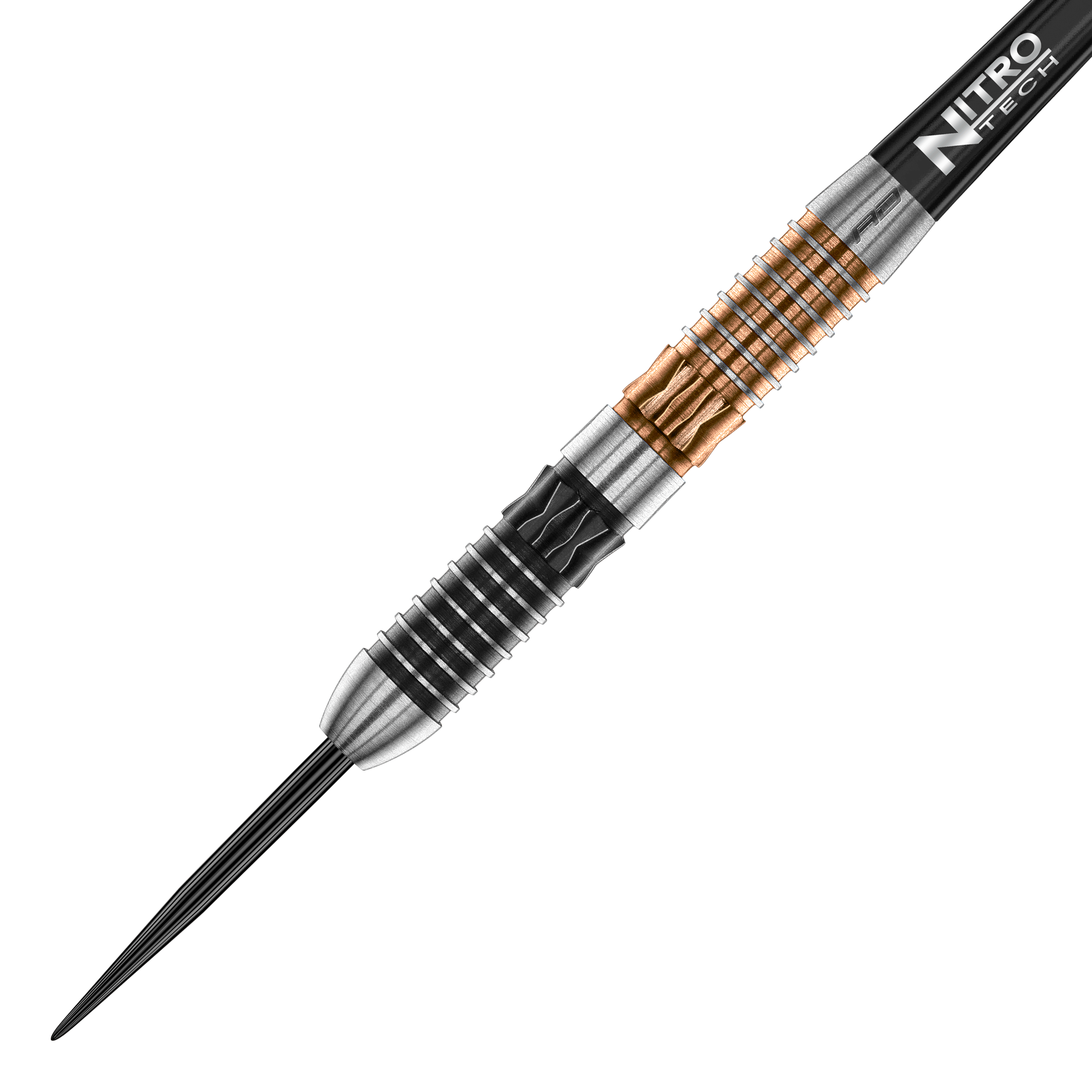 Red Dragon Panterra Steeldarts Das Bild zeigt einen Red Dragon Panterra Steeldart. Der Dartpfeil hat ein auffälliges Design mit silbernen, schwarzen und goldenen Rillen am Barrel.