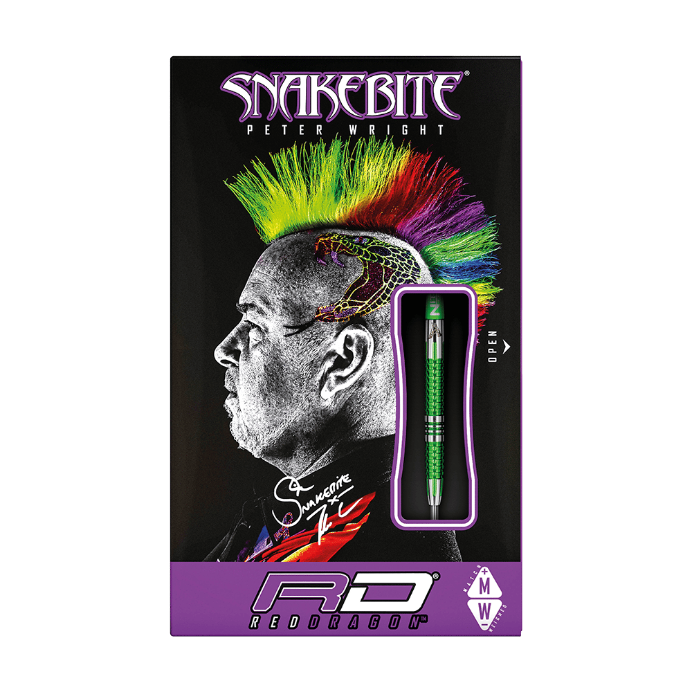 Die Verpackung zeigt die "Red Dragon Peter Wright Snakebite Mamba 2 Steeldarts". Auf dem Cover ist ein Porträt mit buntem Irokesenschnitt und einer Schlangengrafik zu sehen.