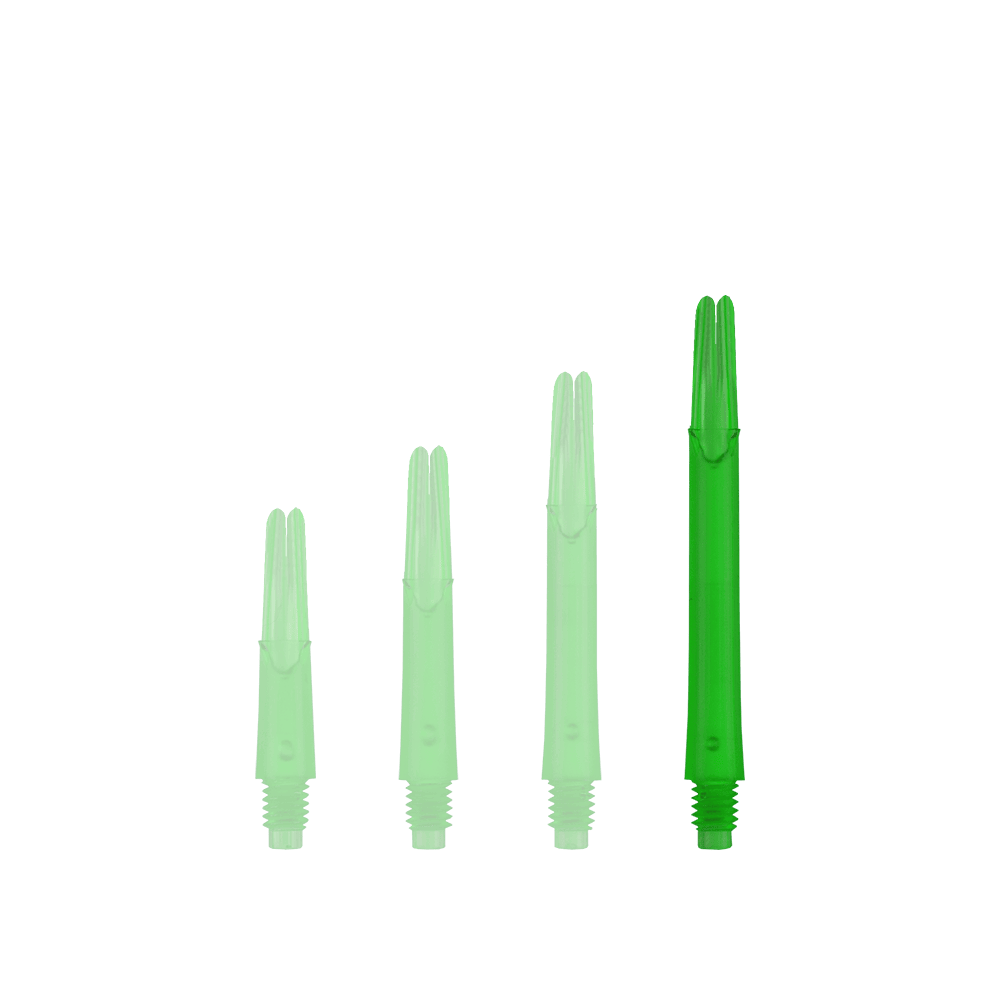 Auf dem Bild sind vier grüne, durchsichtige Dartschäfte in unterschiedlichen Längen zu sehen. Sie stehen nebeneinander aufrecht und haben ein Schraubgewinde am unteren Ende.