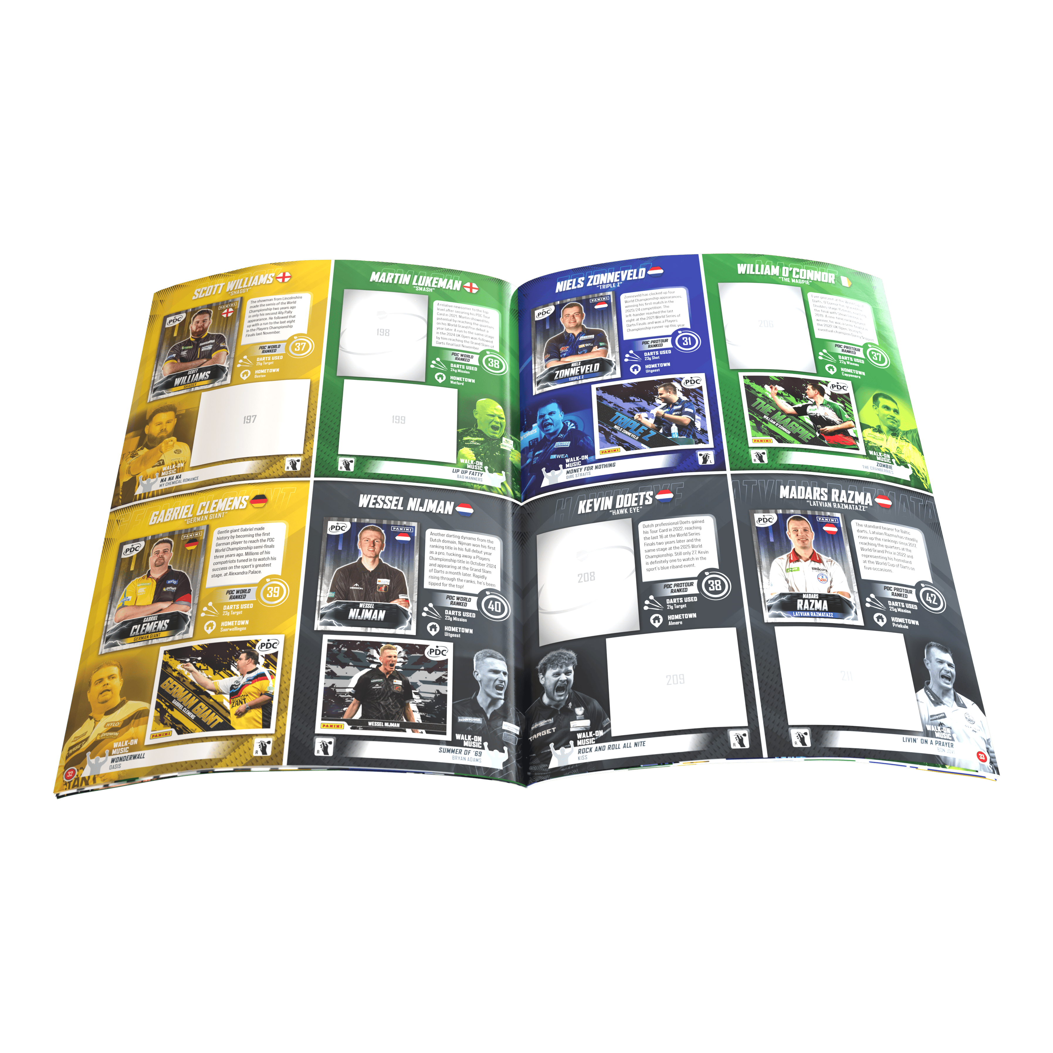 Abgebildet ist das Sammelalbum Panini PDC World Darts Championship 2025/26 als Softcover-Version. Es ist für das Einkleben und Sammeln offizieller Panini-Sticker der Dartmeisterschaft gedacht.