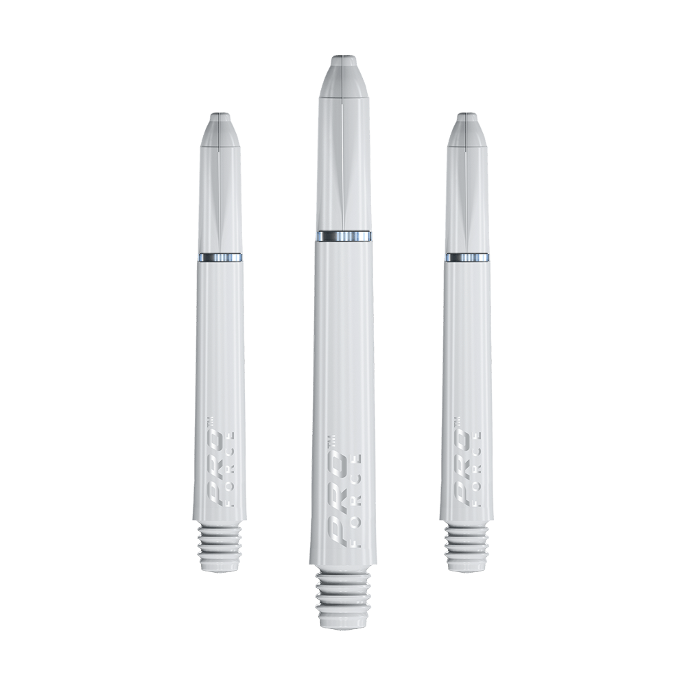7011_402_Winmau_Pro-Force_Shafts_Weiss_41mm_1yAfptiQKjVOF0 Das Bild zeigt drei weiße Winmau Pro-Force Shafts für Darts. Sie sind schlank, gerade und haben einen schlichten, modernen Look mit silbernen Akzenten.