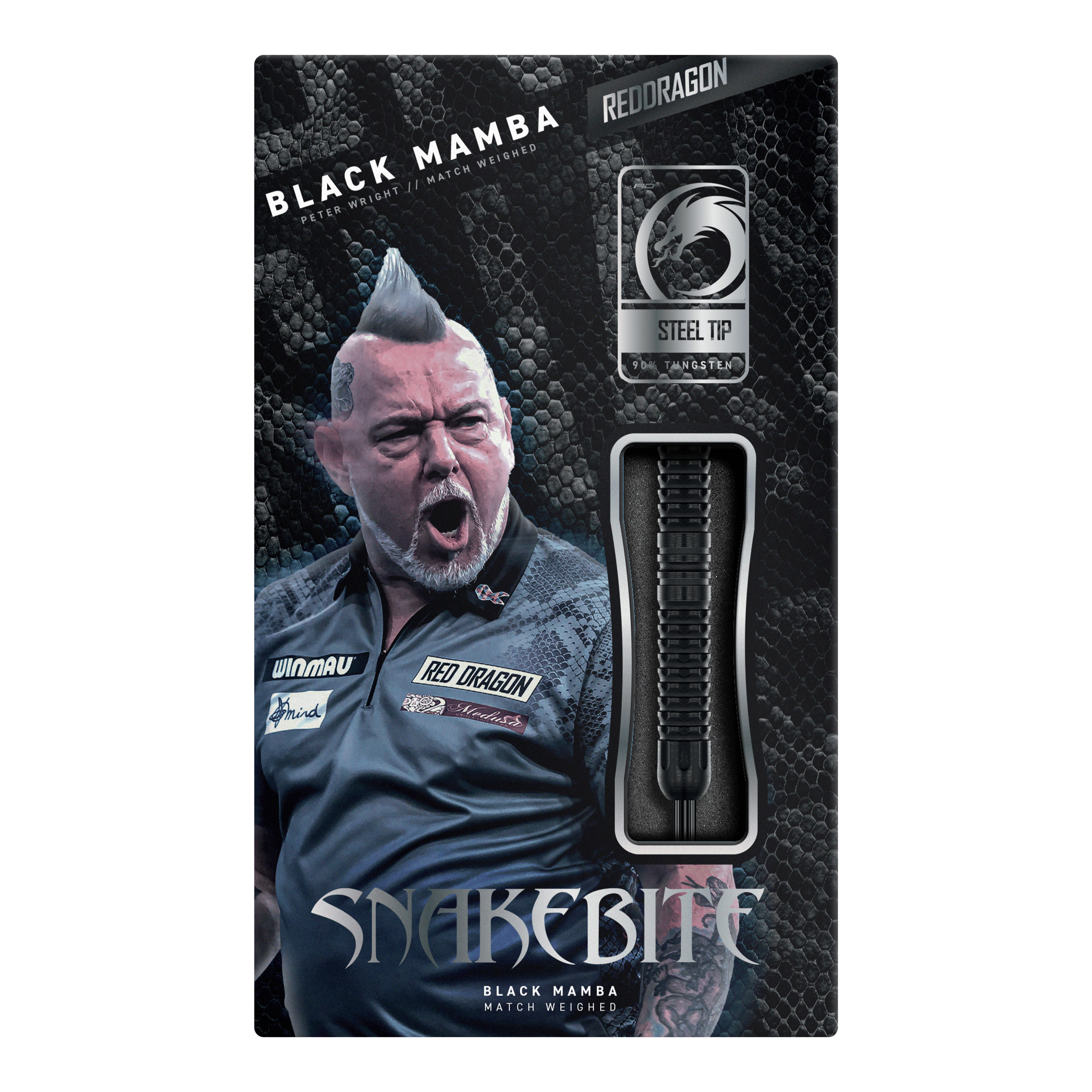 Red Dragon Peter Wright Snakebite Black Mamba Steeldarts, Nahaufnahme von mehreren Darts. Hochwertige Verarbeitung und modernes Design.