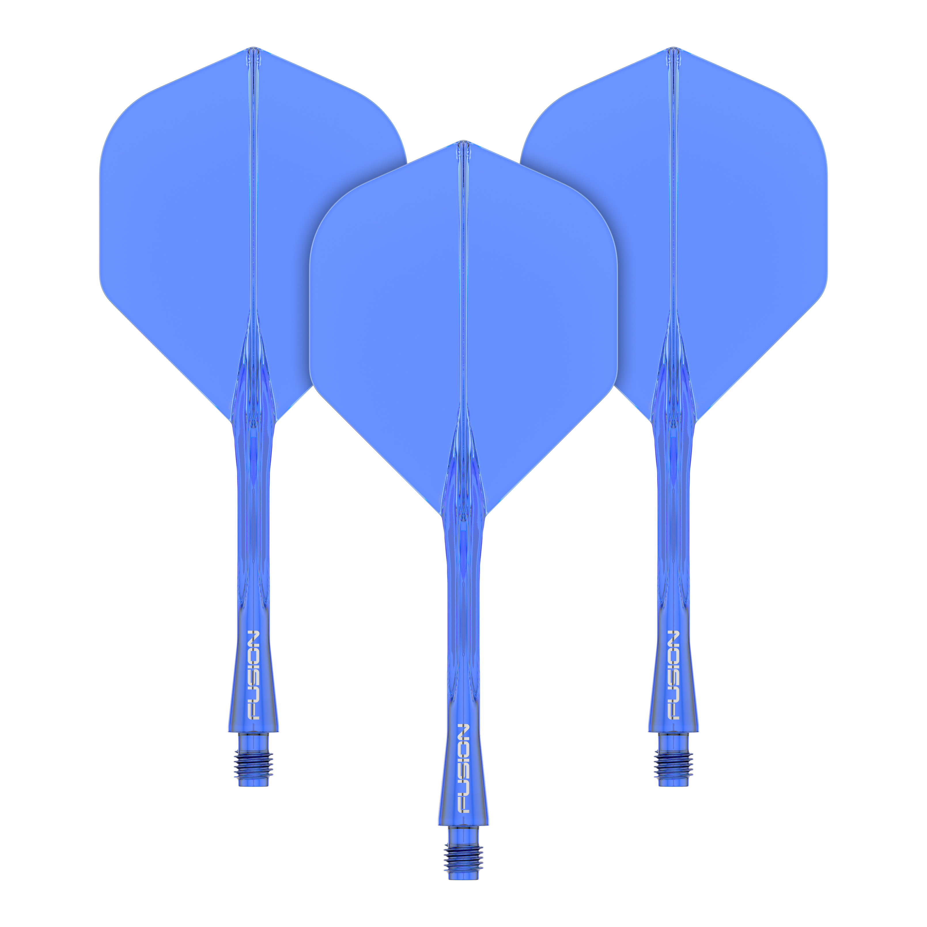 Auf dem Bild sind drei blaue Dartflights mit Shafts zu sehen. Sie sind im gleichen Stil gestaltet und tragen die Aufschrift "Fusion".