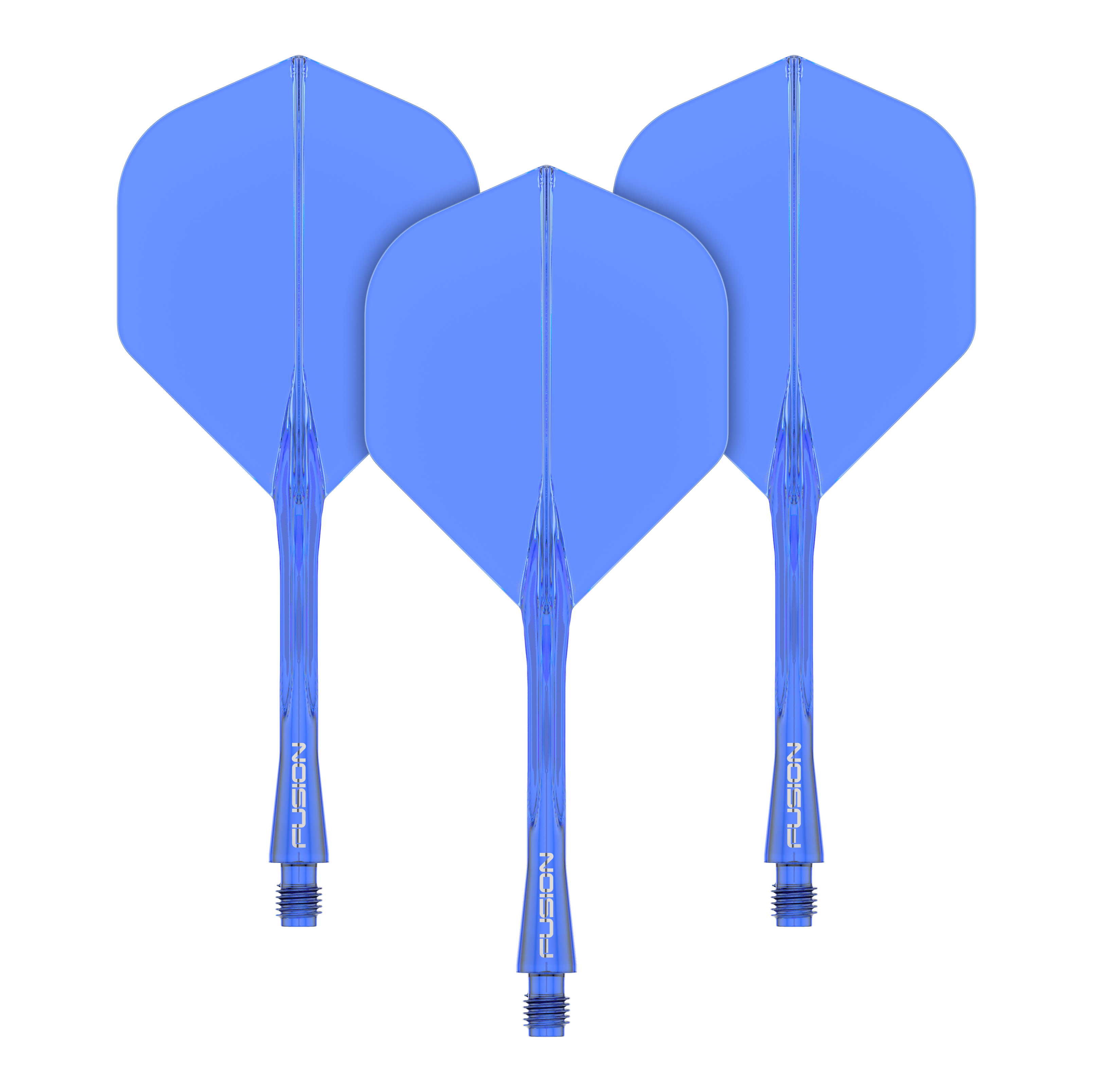 Winmau Fusion Flight Shaft System Standard Blau Auf dem Bild sind drei blaue Dartflights mit Shafts zu sehen. Sie sind im gleichen Stil gestaltet und tragen die Aufschrift "Fusion".