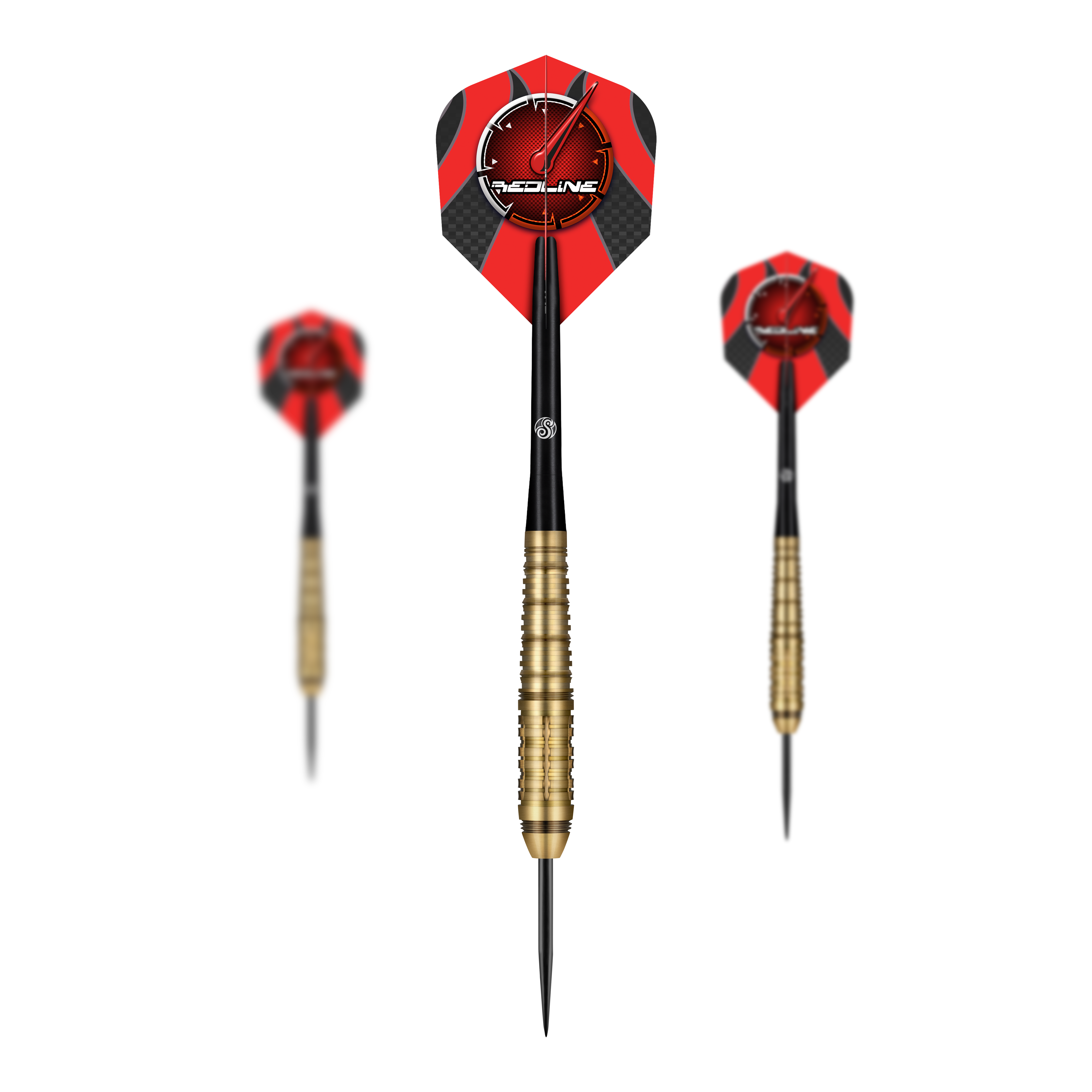 Das Bild zeigt drei Steeldarts des Produkts "Shot Redline Mach 1". Die Darts haben rote Flights mit einem Logo und goldene Griffe.