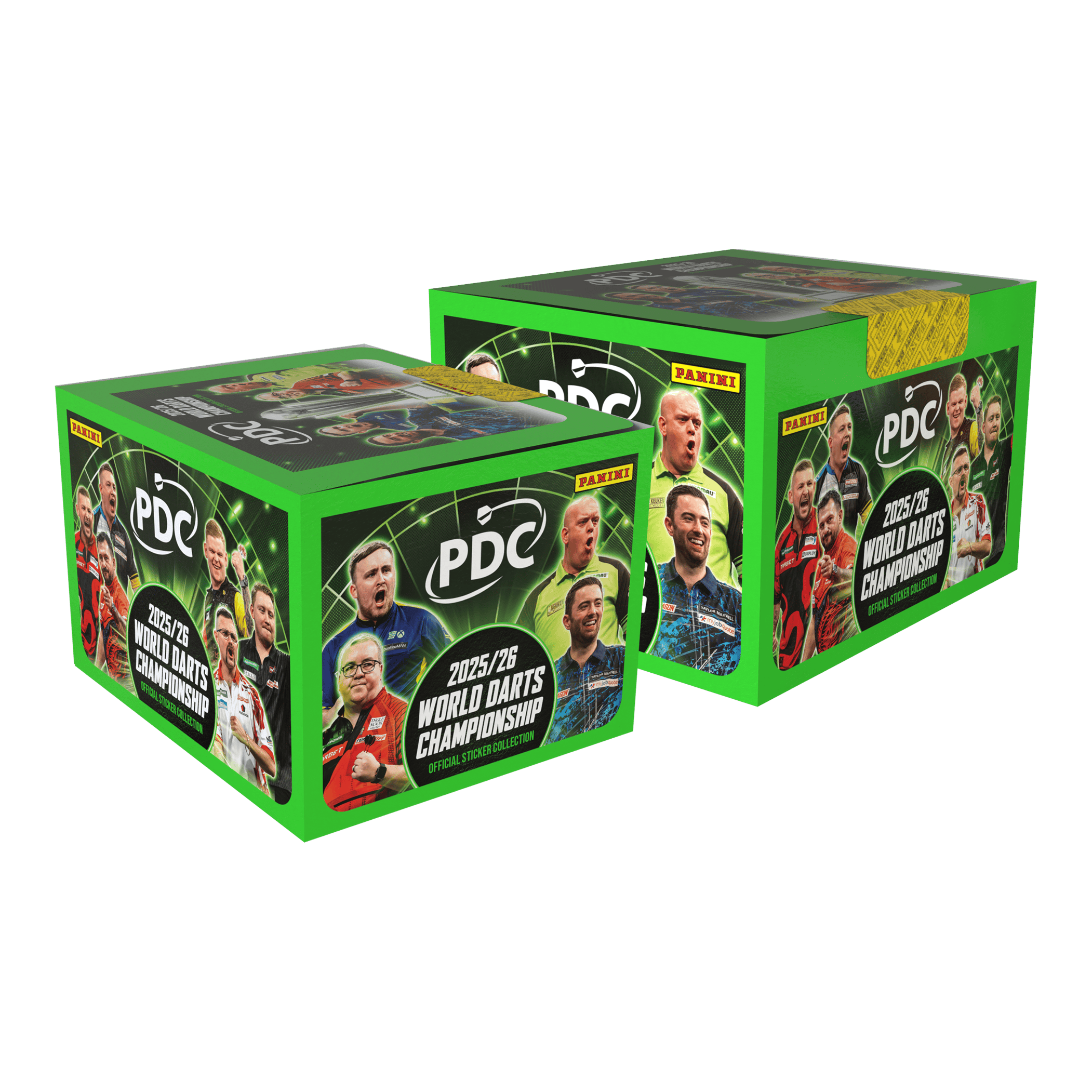 Panini PDC World Darts Championship 2025/26 - Softcover Mega Bundle mit zwei Stickerboxen Das Bild zeigt das Panini PDC World Darts Championship 2025/26 Softcover Mega Bundle mit zwei Stickerboxen. Es handelt sich um ein Sammelalbum und zwei Stickerboxen für Dart-Fans.