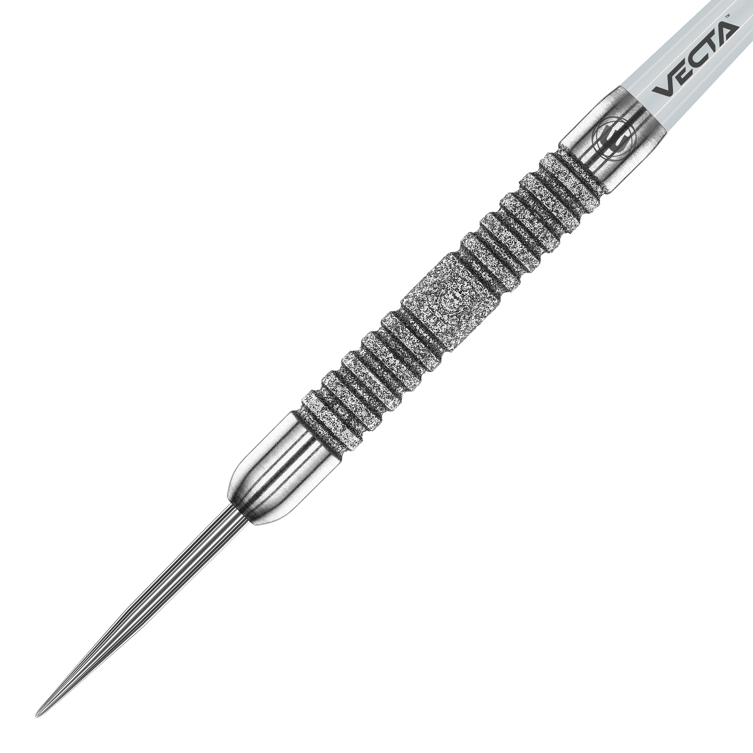 Das Bild zeigt einen Winmau Jules Van Dongen Steeldart mit einem Gewicht von 22 Gramm. Der Dart hat einen silbernen, geriffelten Griffbereich für besseren Halt.