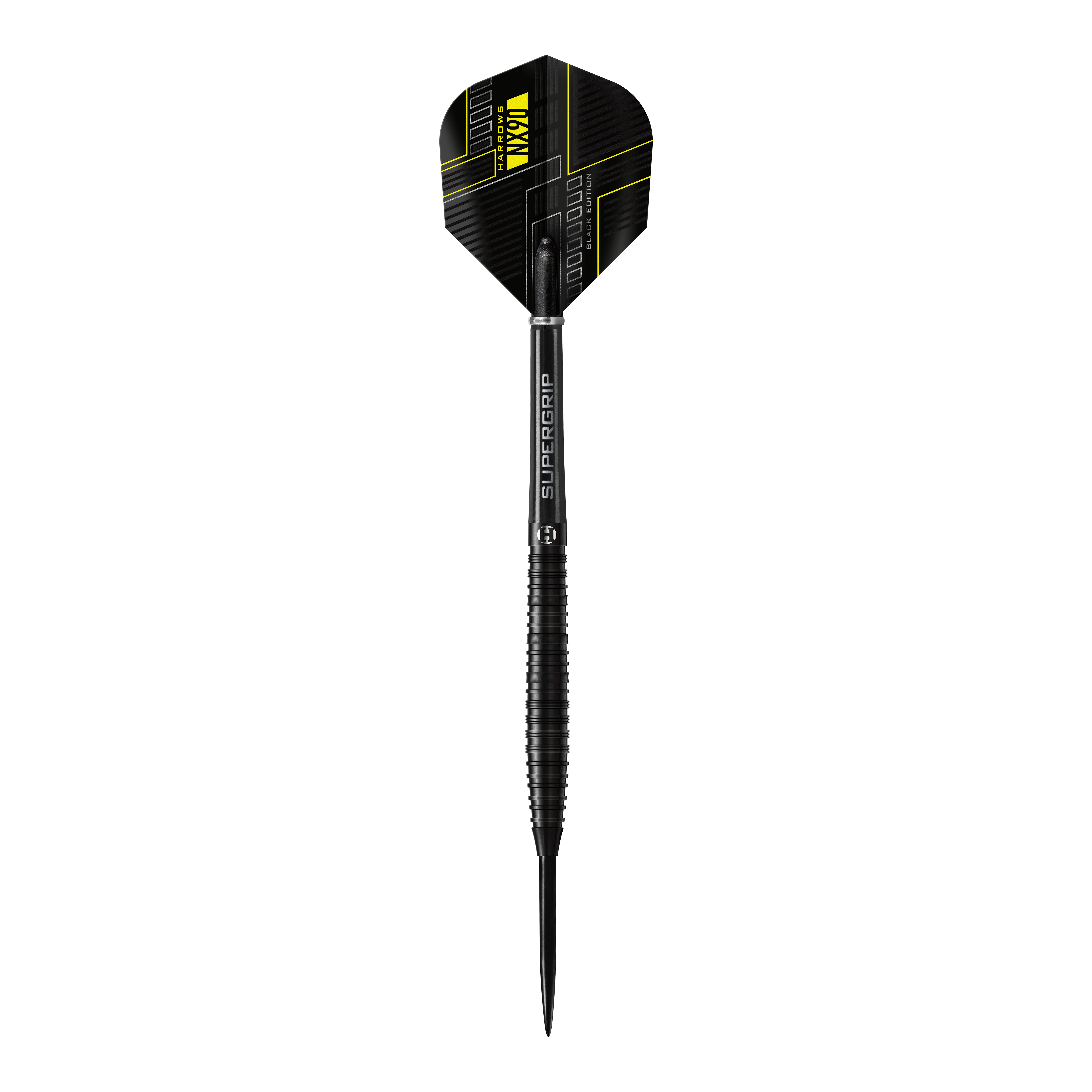 Das Bild zeigt einen Harrows NX90 Black-Edition Steeldart. Der Dart ist komplett in Schwarz gehalten und hat gelbe Akzente am Flight.