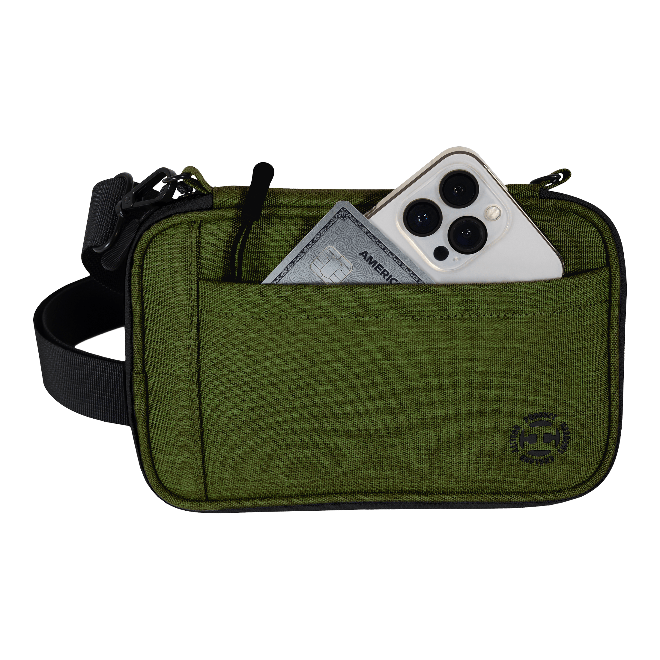 Harrows Smart Case XL Dartwallet Die Abbildung zeigt eine grüne Tasche mit einem Schultergurt. In der Fronttasche stecken ein Smartphone und eine Kreditkarte.