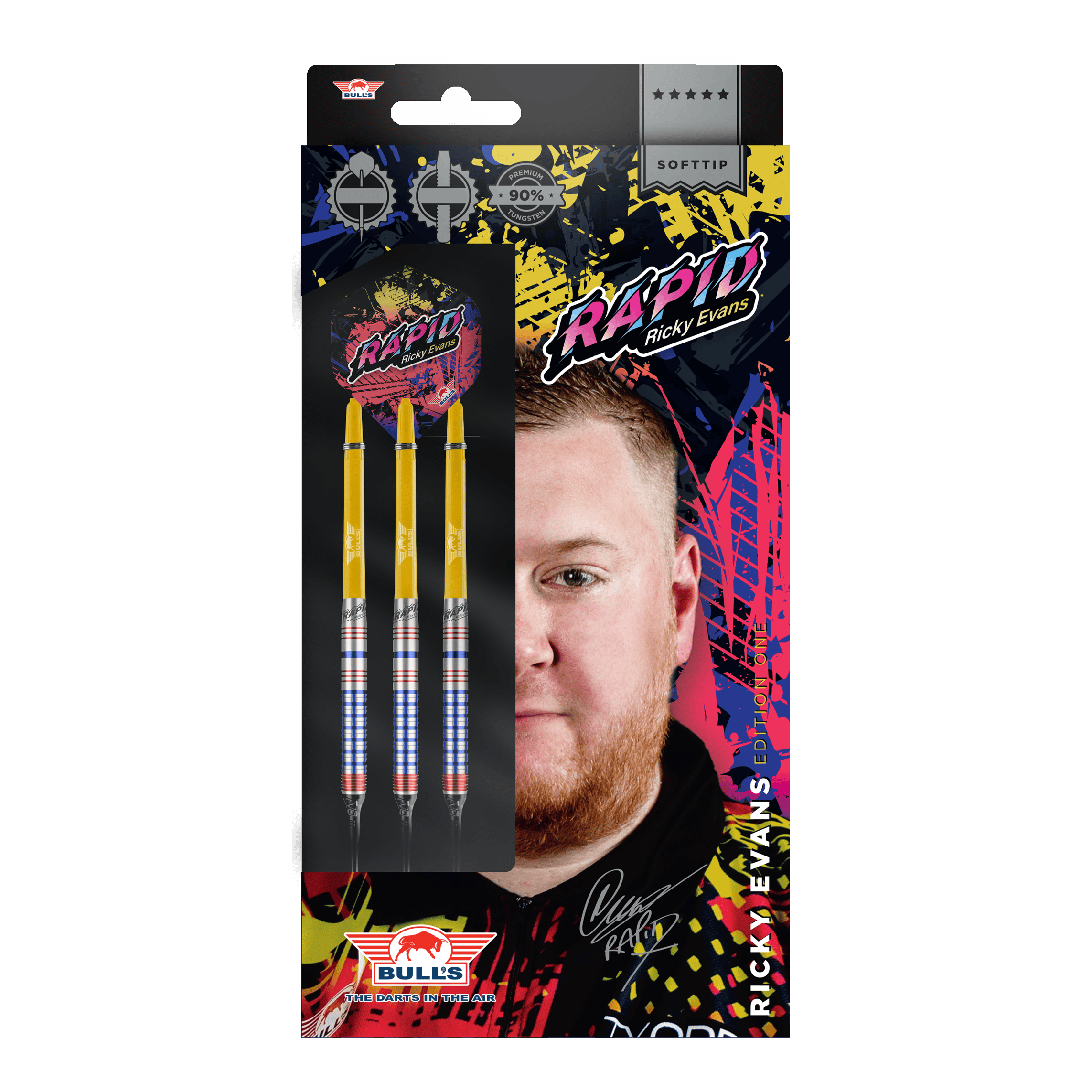 Bulls NL Ricky Evans Rapid Edition One Softdarts - 20g Das Bild zeigt die Verpackung der "Bulls NL Ricky Evans Rapid Edition One Softdarts - 20g". Auf der Verpackung sind drei Softdarts und ein Porträt von Ricky Evans abgebildet.
