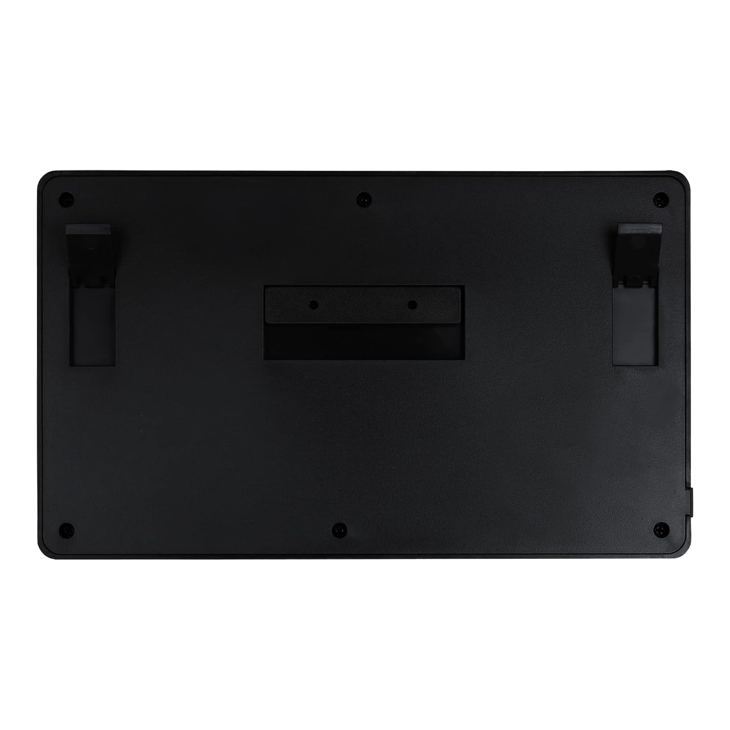 XQMax Dublin Dart Counter Das Bild zeigt die Rückseite des XQMax Dublin Dart Counter. Die Oberfläche ist schwarz mit zwei ausklappbaren Ständern und mehreren Befestigungspunkten.