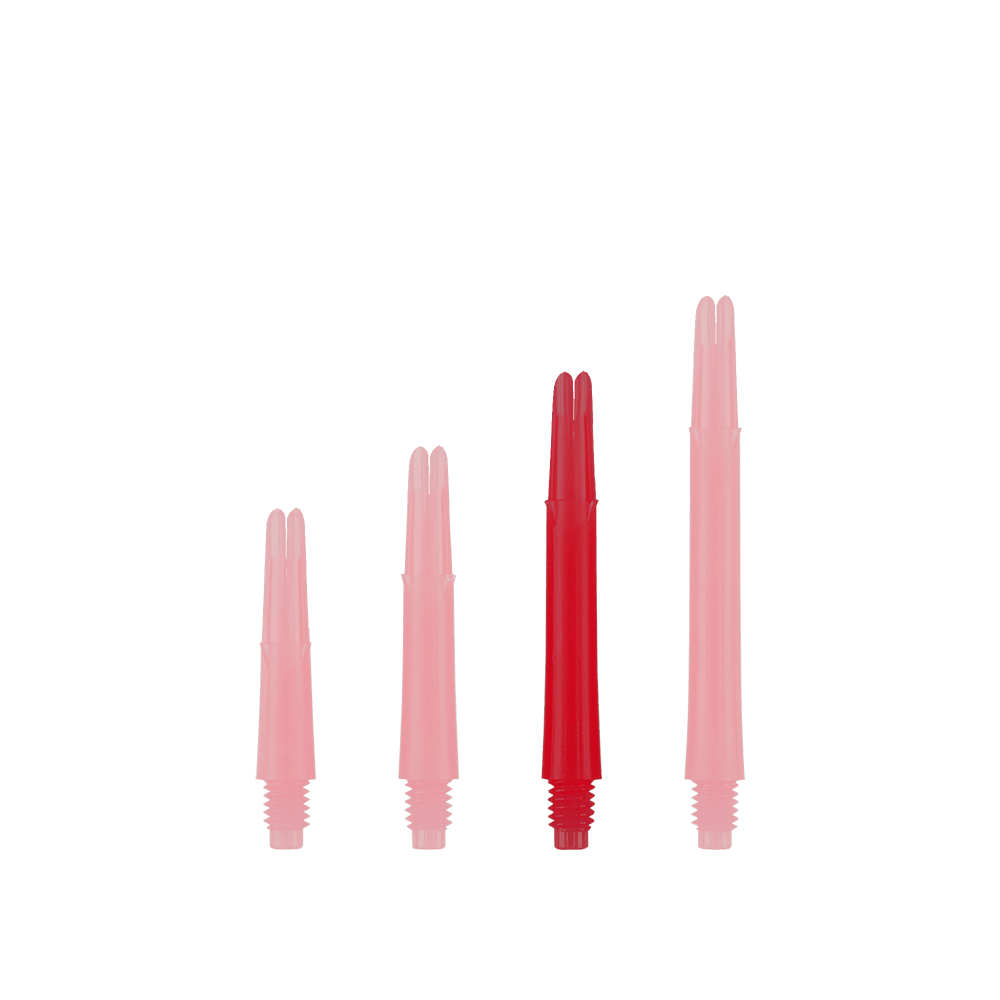 L-Style L-Shafts Locked Straight - Red 260 Auf dem Bild sind vier rote Dartschäfte in unterschiedlichen Längen zu sehen. Sie stehen nebeneinander aufrecht auf weißem Hintergrund.