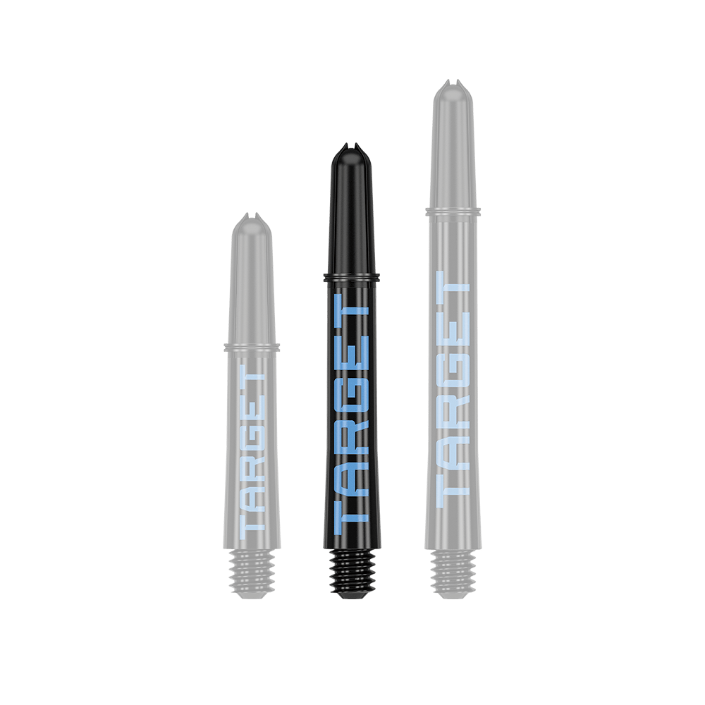 Target Pro Grip TAG Shafts - 3 Sets - Schwarz Blau Das Bild zeigt drei schwarze Dartschäfte in unterschiedlicher Länge mit blauer Aufschrift "TARGET". Sie sind in einer Reihe nebeneinander angeordnet.