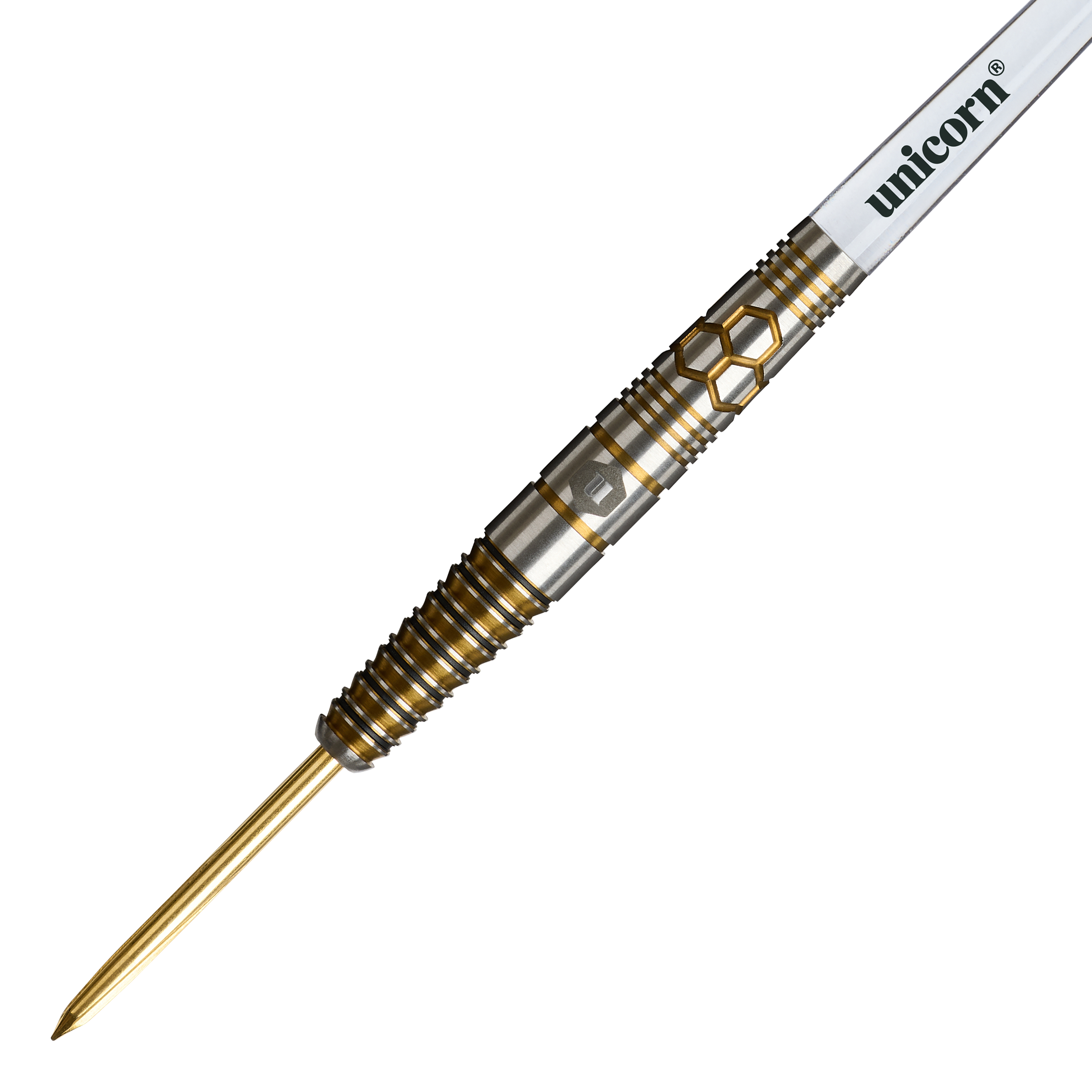 Das Bild zeigt die Unicorn Hexium Style 03 Gold & Black Steeldarts. Die Steeldarts sind in goldener und schwarzer Farbe gestaltet.