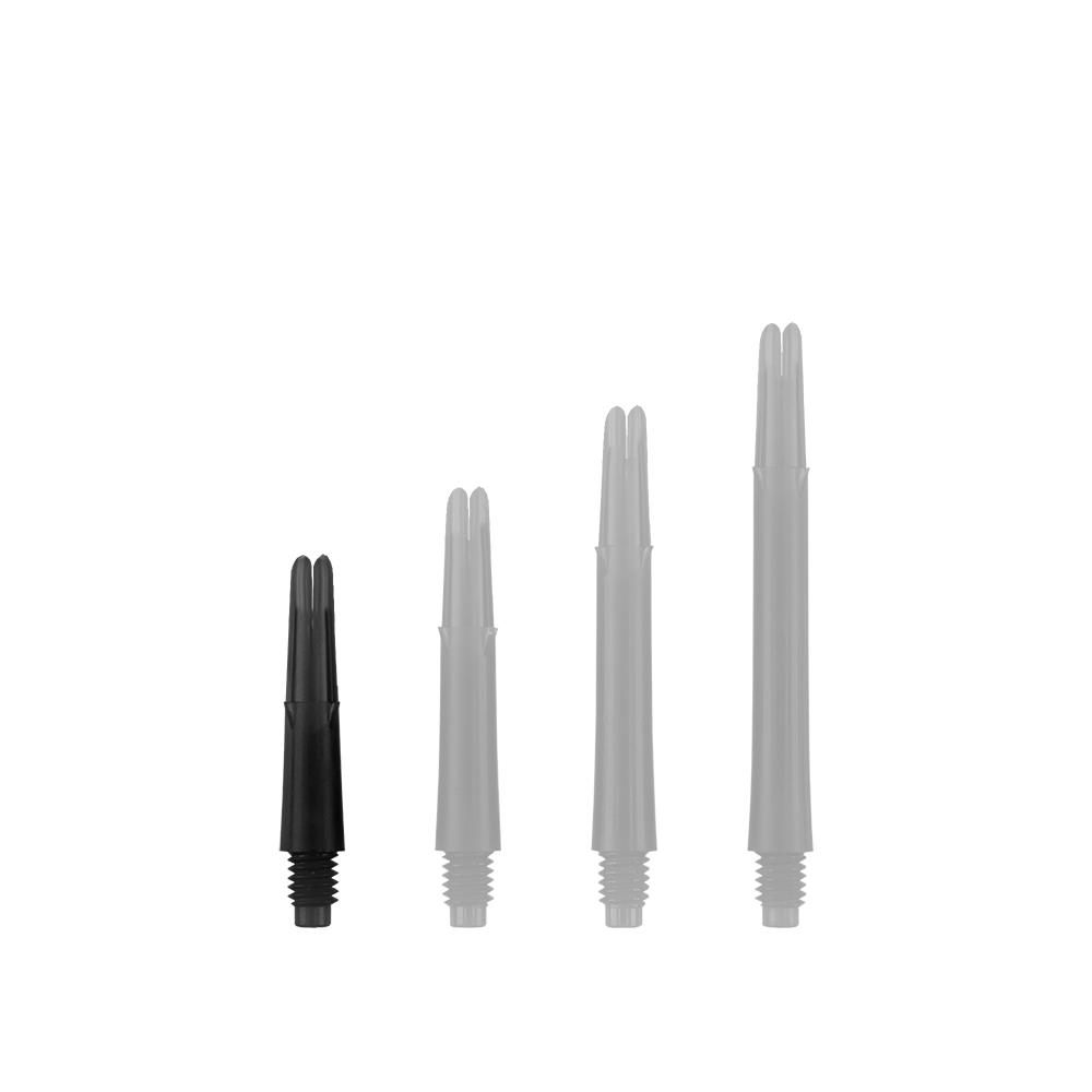 L-Style L-Shafts Locked Straight - Black 130 Auf dem Bild sind vier schwarze Dartschäfte in unterschiedlichen Längen zu sehen. Sie stehen nebeneinander aufrecht und haben jeweils ein Schraubgewinde am unteren Ende.