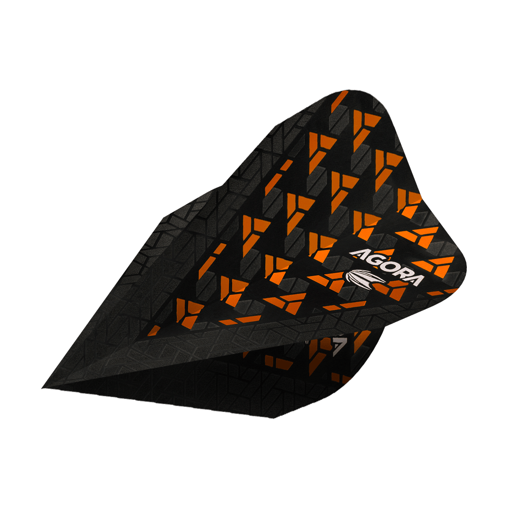Das Bild zeigt ein Target Agora Ghost Orange Vapor Flight für Darts. Das Flight ist schwarz mit einem auffälligen orangenen Muster und dem Schriftzug "AGORA".
