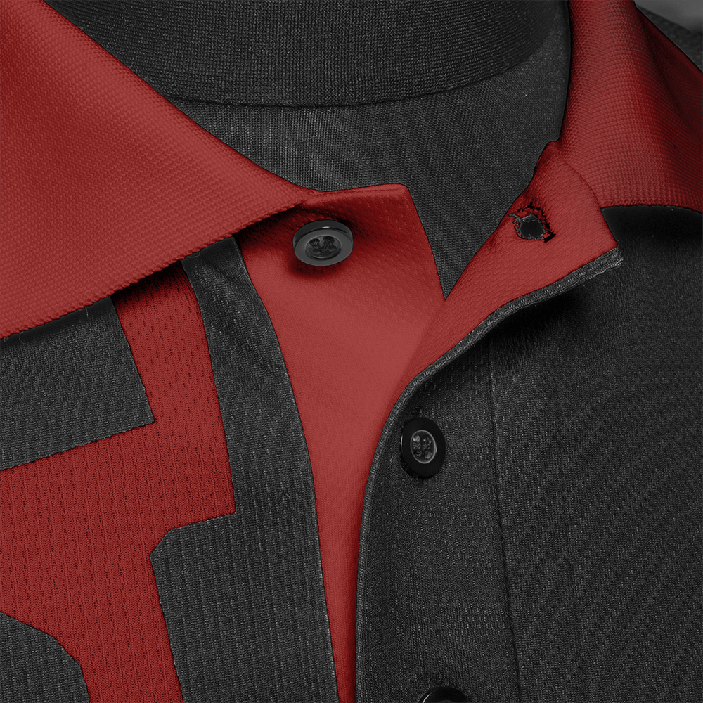 Das Bild zeigt das Harrows Rapide Dartshirt in Rot. Das Hemd hat einen roten Kragen und schwarze Knöpfe.