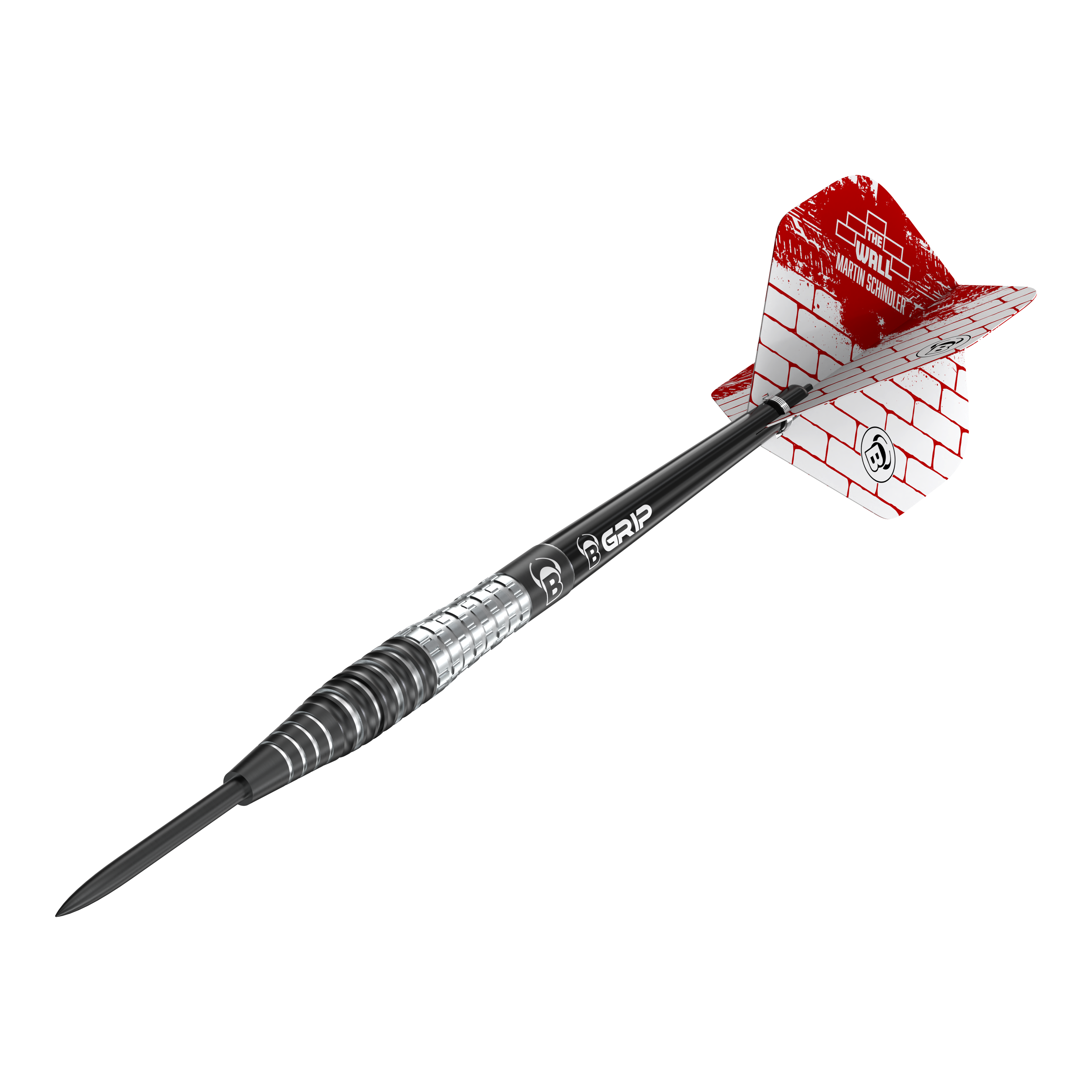 Das Bild zeigt einen Steeldartpfeil der Marke "Bulls Martin Schindler Original Generation 3". Der Dartpfeil hat eine schwarz-silberne Spitze und Flight mit rotem Mauer-Design.