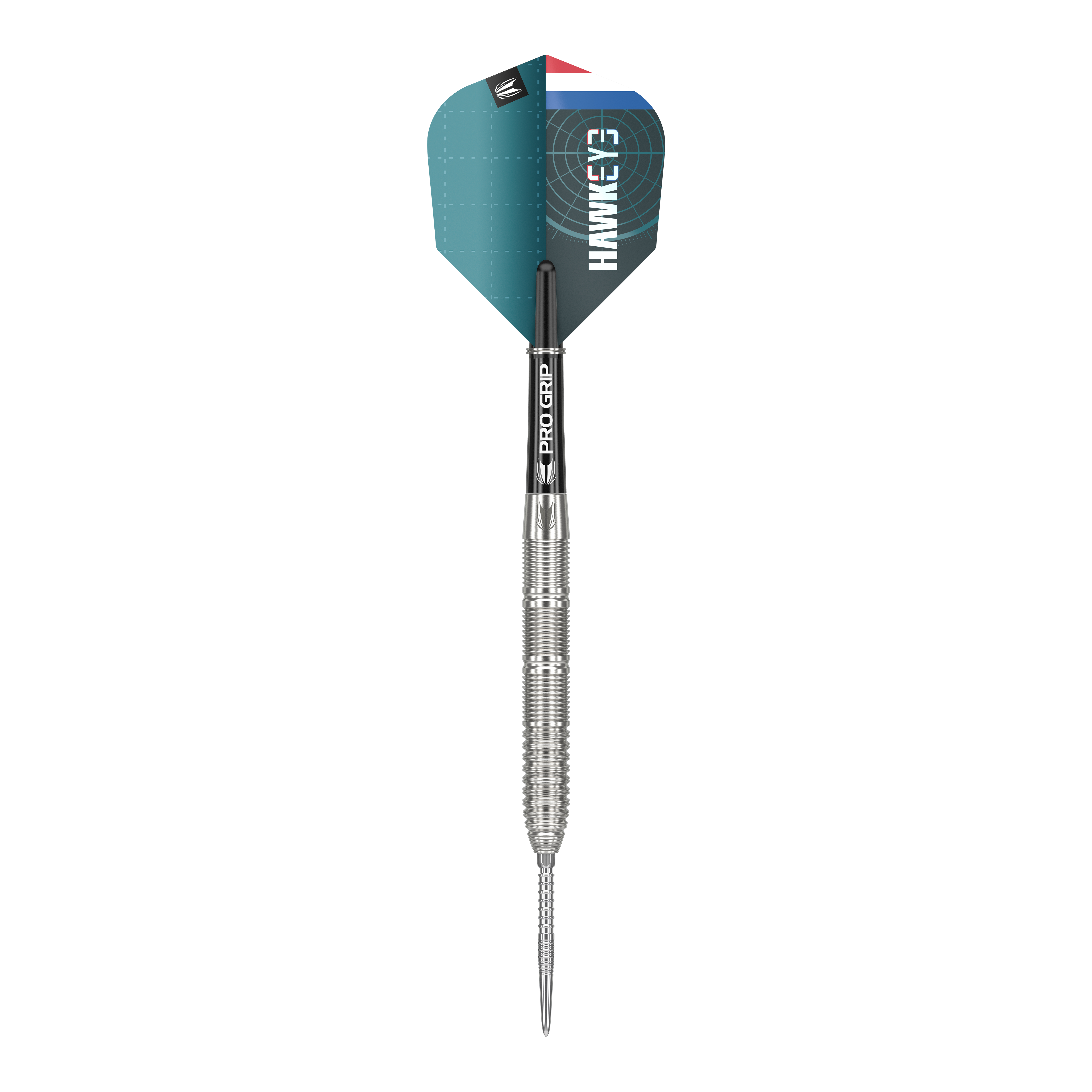 Target Kevin Doets GEN1 Swiss Point Steeldarts - 23g Das Bild zeigt einen Target Kevin Doets GEN1 Swiss Point Steeldart mit einem Gewicht von 23 Gramm. Der Dart hat einen silbernen, geriffelten Barrel und eine blau-schwarze Flight mit der Aufschrift "HAWKEYE".