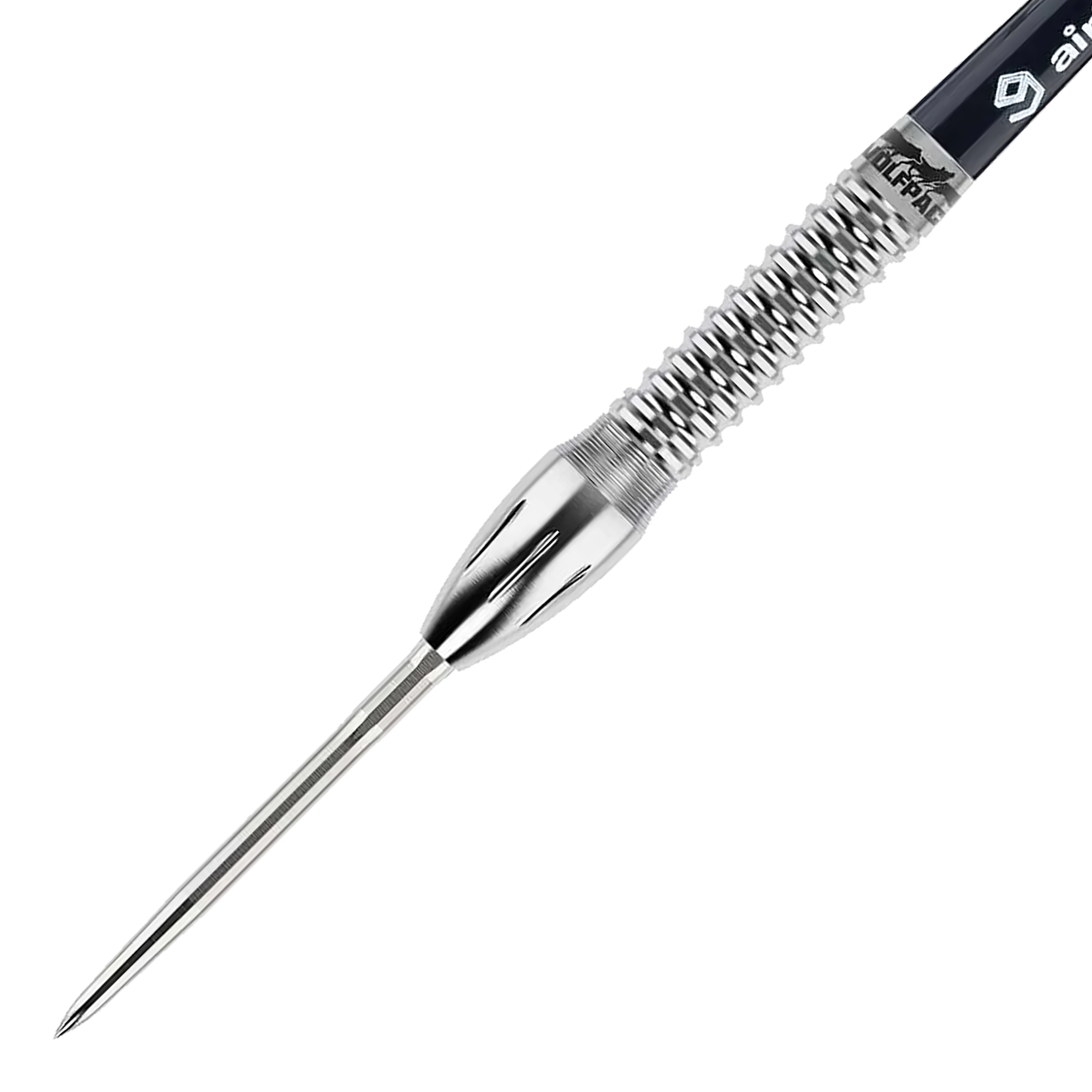 Caliburn Wolfpack W4 Steeldarts - 20g Das Bild zeigt einen Caliburn Wolfpack W4 Steeldart mit einem Gewicht von 20g. Der Dartpfeil besteht aus silberfarbenem Metall und hat eine strukturierte Griffzone.