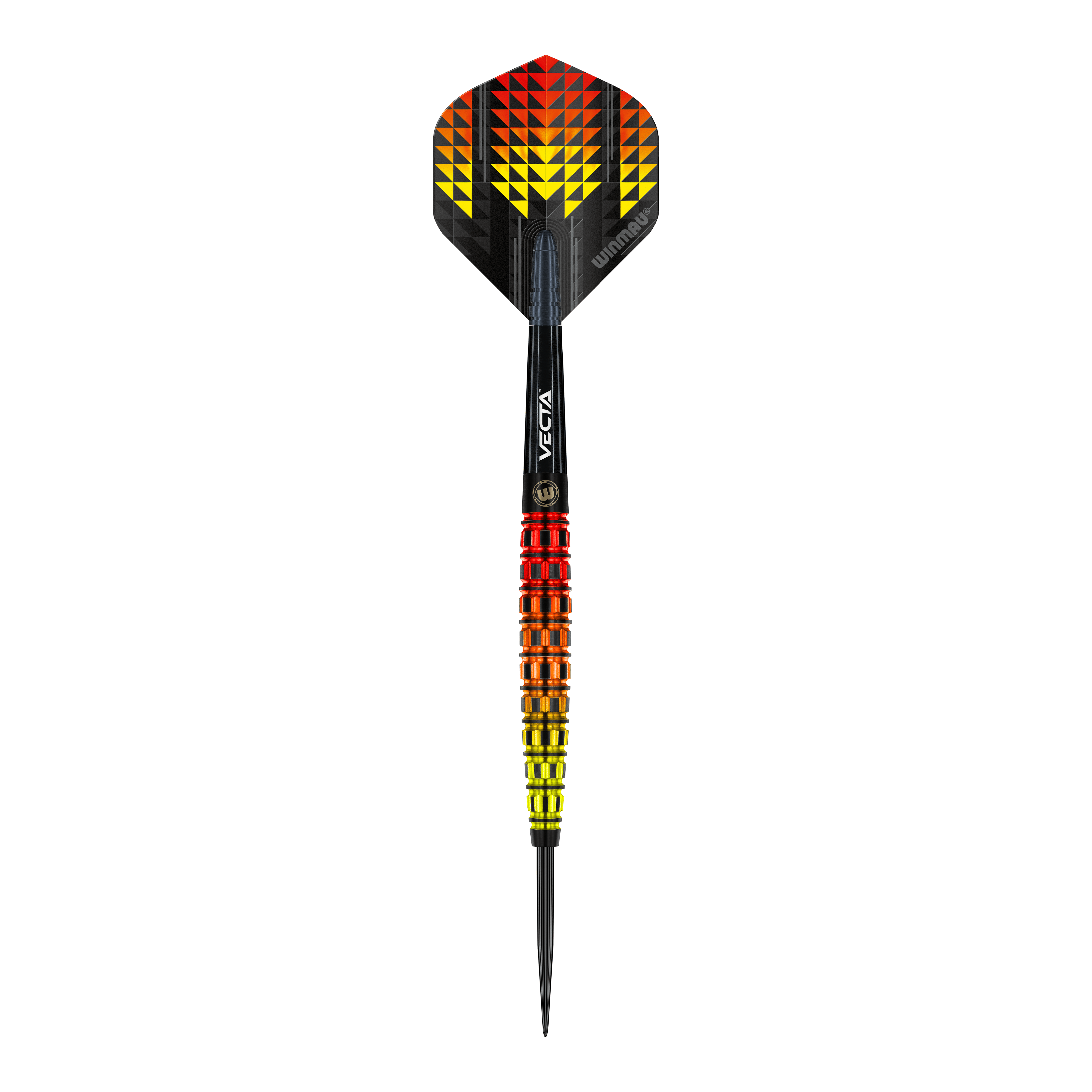 Der Winmau Firestorm Flame Tapered Steeldart hat ein auffälliges Design mit gelben, orangefarbenen und roten Farbverläufen. Die Flights zeigen ein geometrisches Muster in denselben Farben und geben dem Dart ein flammendes Aussehen.