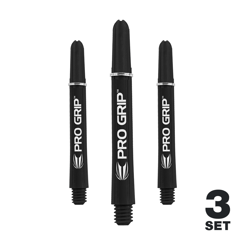 Target Pro Grip Shafts - 3 Sets - Schwarz Auf dem Bild sind drei schwarze Pro Grip Dartschäfte zu sehen. In der rechten unteren Ecke steht "3 SET".