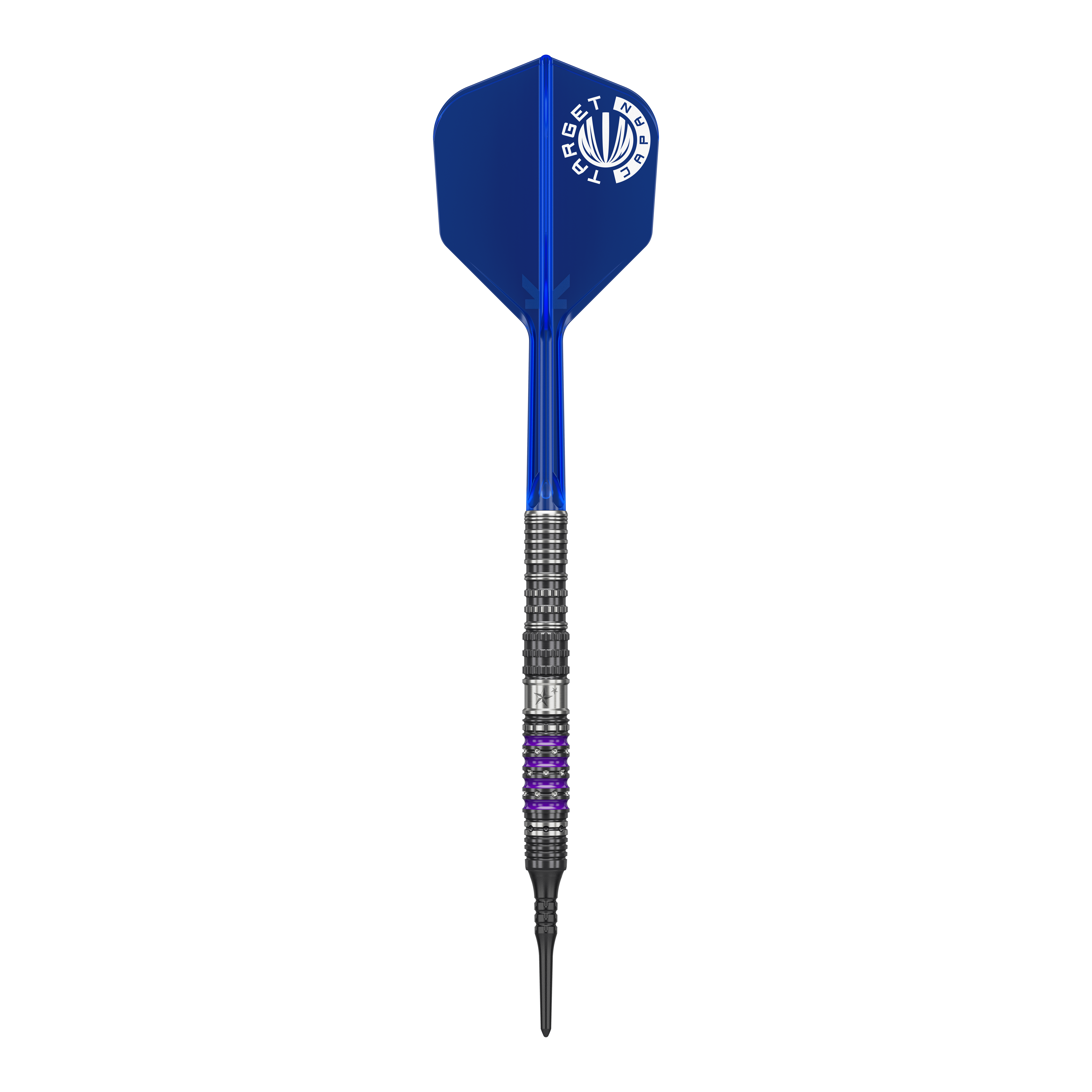 Auf dem Bild ist ein Softdart aus der Serie "Target Japan Prime Series Sirius GEN4" mit einem Gewicht von 21,5g zu sehen. Der Dart hat eine blaue Flight und einen schwarz-silbernen Schaft mit lila Akzenten.