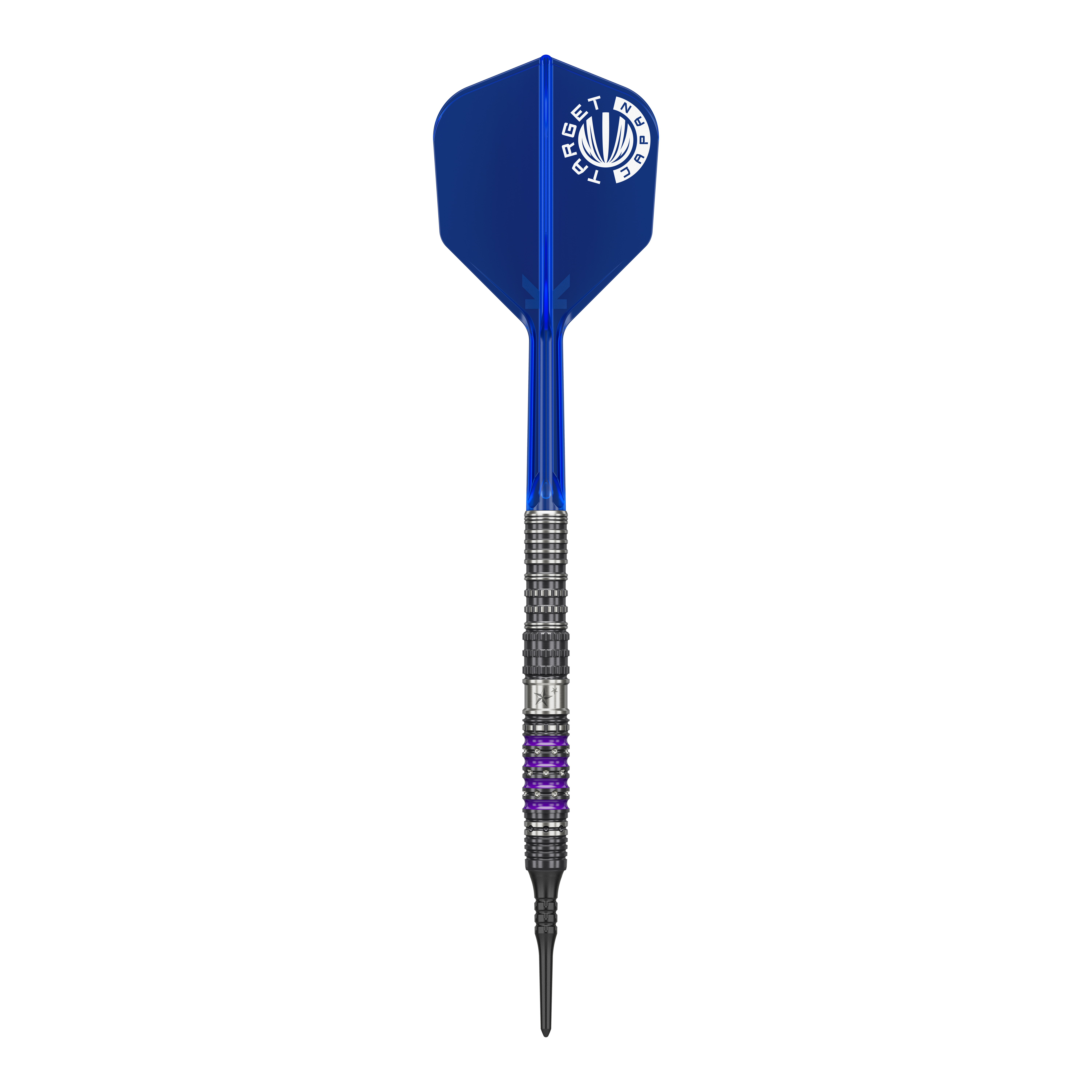 Target Japan Prime Series Sirius GEN4 Softdarts - 21,5g Auf dem Bild ist ein Softdart aus der Serie "Target Japan Prime Series Sirius GEN4" mit einem Gewicht von 21,5g zu sehen. Der Dart hat eine blaue Flight und einen schwarz-silbernen Schaft mit lila Akzenten.
