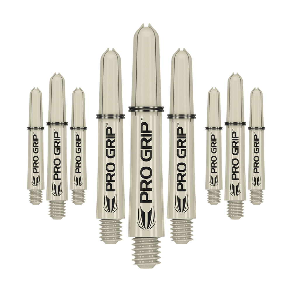 Target Pro Grip Shafts - 3 Sets - Sand Das Bild zeigt neun beige Dartschäfte mit der Aufschrift „PRO GRIP“. Sie sind in drei Reihen angeordnet, wobei die mittlere Reihe größer erscheint.