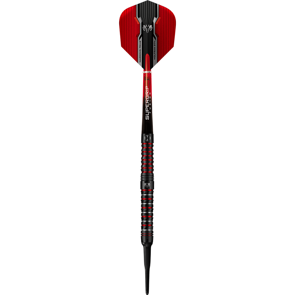 HA17041-Harrows-Wolfram-Infinity-97-Tungsten-Softdarts-1mPVfqJARgMEnx Das Bild zeigt einen Harrows Wolfram Infinity 97% Tungsten Softdart. Der Dartpfeil ist schwarz und rot mit auffälligen Griffmulden und einem modernen Design.