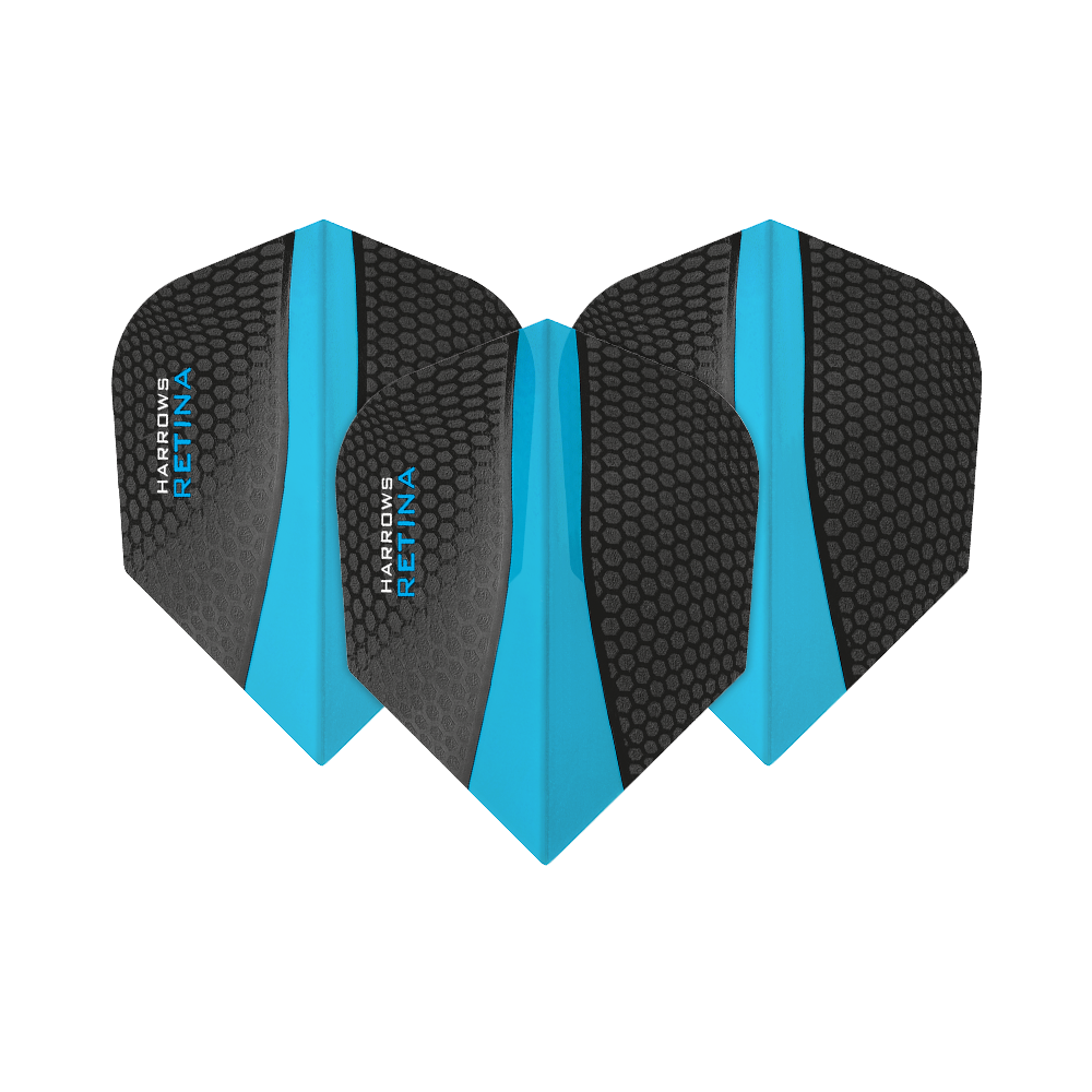 HR5512_Harrows_Retina_Hellblau_No2_Standard_Flights_1lkP0vrhQuvr5P Das Bild zeigt drei Harrows Retina Aqua No6 Flights für Dartpfeile. Die Flights sind schwarz mit einem blauen Streifen in der Mitte und einem Wabenmuster.