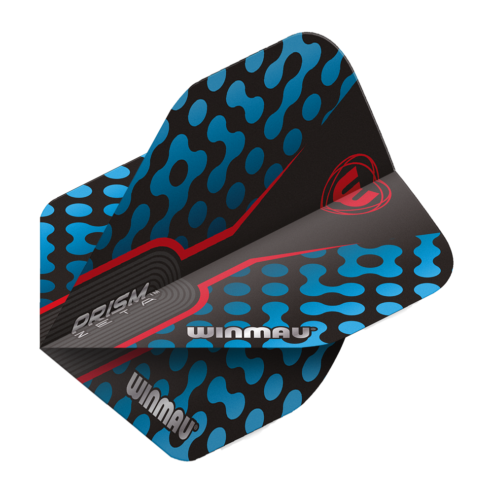 Das Bild zeigt das Produkt "Winmau Prism Zeta BlueRed Standard Flights". Die Dart-Flights sind schwarz mit blauen Punkten und roten Akzenten gestaltet.