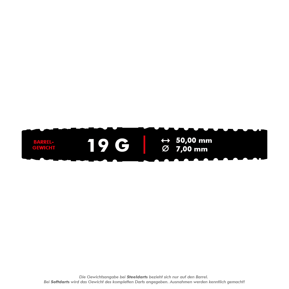 Das Bild zeigt die Spezifikationen eines Darts mit einem Gewicht von 19 Gramm. Die Länge beträgt 50,00 mm und der Durchmesser 7,00 mm.