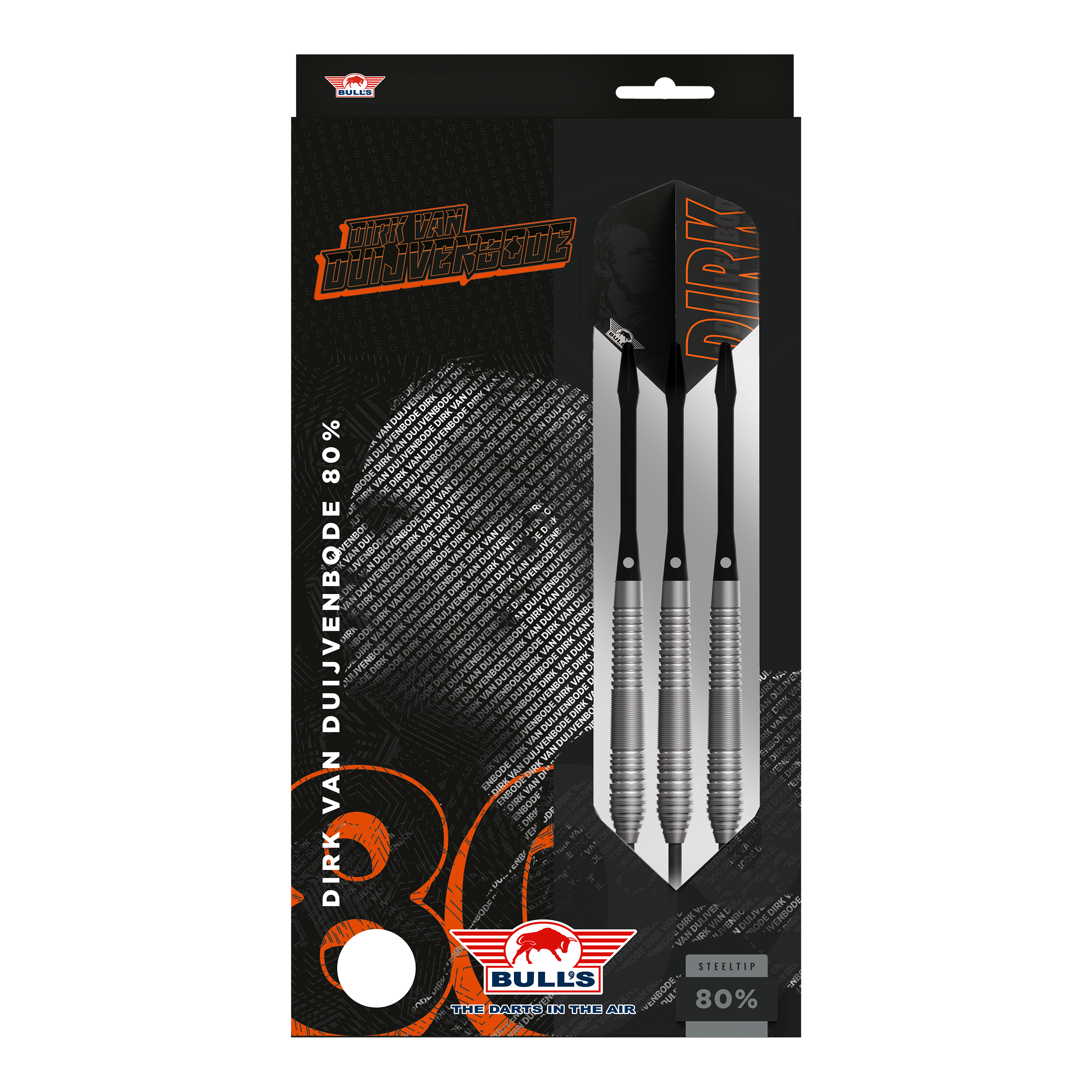 Bulls NL Dirk Van Duijvenbode 80 Steeldarts Auf dem Bild ist eine Verpackung der "Bulls NL Dirk Van Duijvenbode 80 Steeldarts" zu sehen. Die Packung zeigt drei silberne Steeldarts und enthält den Namen des Spielers sowie das Bulls-Logo.