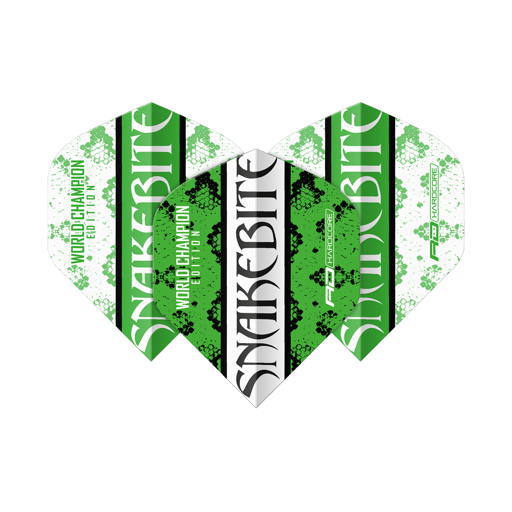 Das Bild zeigt drei Dart-Flights in den Farben Grün, Weiß und Schwarz mit der Aufschrift "Snakebite". Auf den Flights steht außerdem "World Champion Edition" und das Red Dragon Logo.