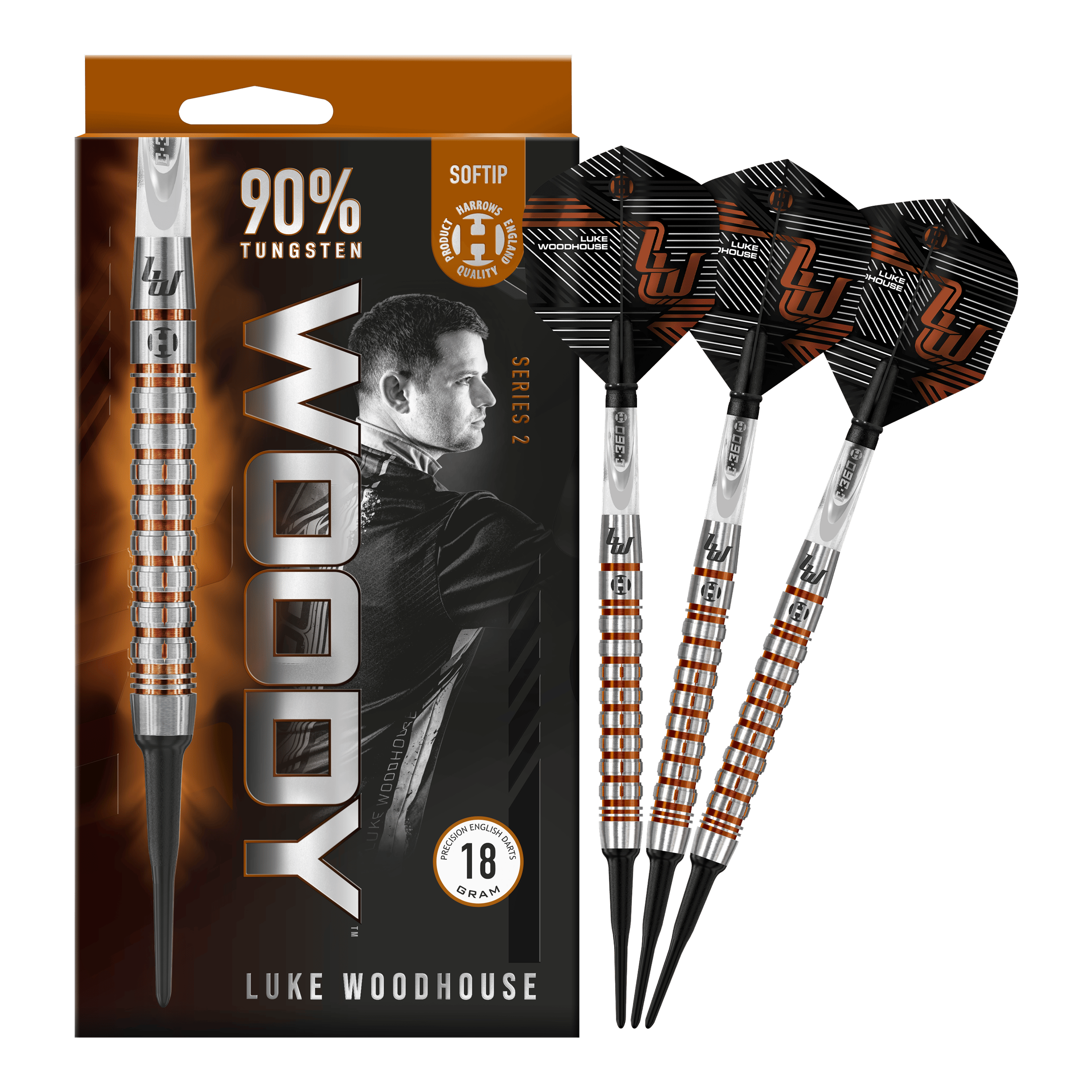 Harrows Luke Woodhouse Series 2 Softdarts - 18g Das Bild zeigt die Harrows Luke Woodhouse Series 2 Softdarts mit einem Gewicht von 18 Gramm. Die Verpackung hebt hervor, dass die Darts zu 90 % aus Tungsten bestehen und für Softtip-Spiele geeignet sind.