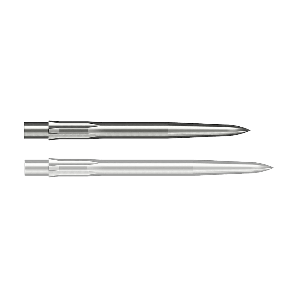 Caliburn System Steeldartspitzen - Smooth - Silber Auf dem Bild sind zwei silberne, glatte Stahlspitzen für Darts zu sehen. Sie sind länglich geformt und haben eine spitze Vorderseite.