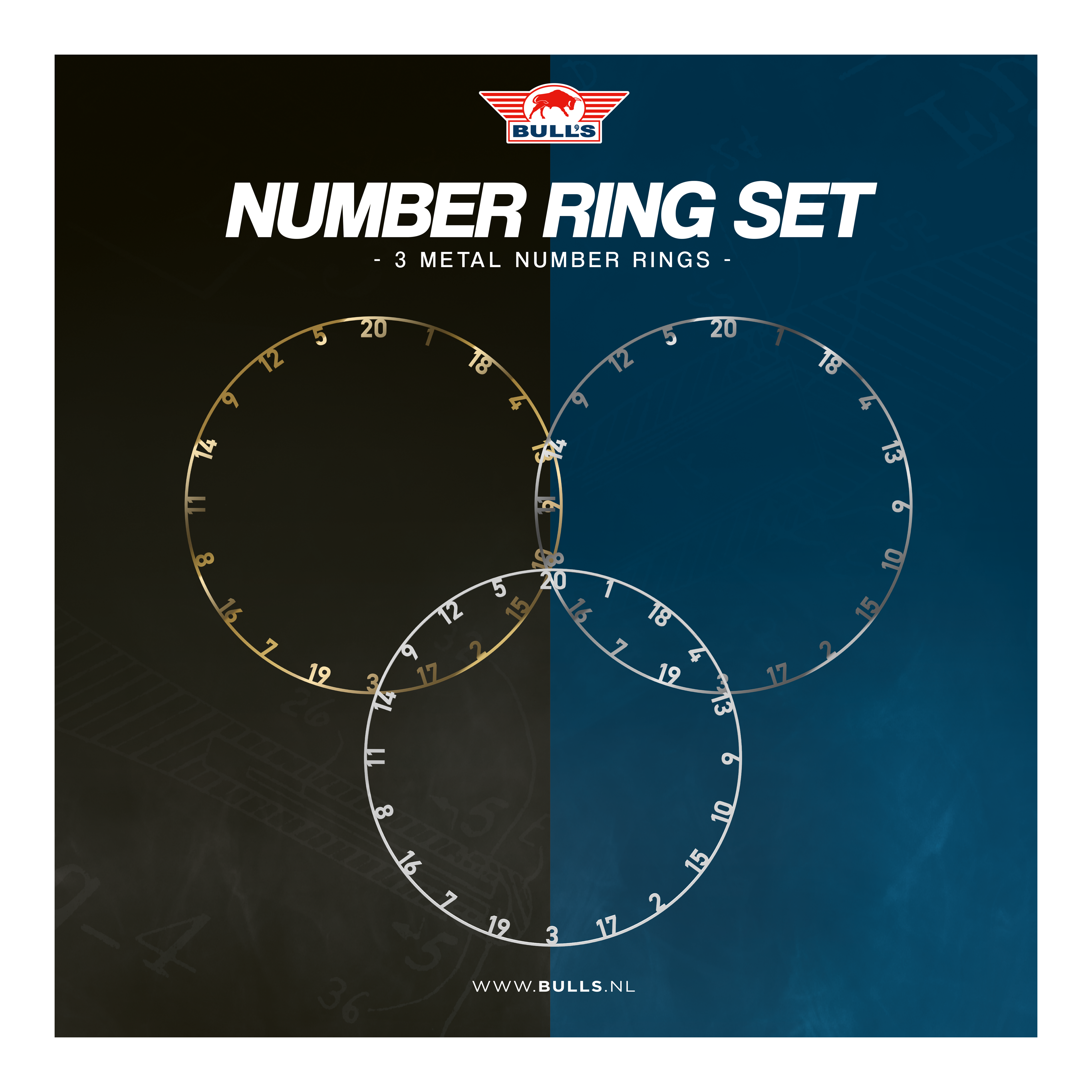 Das Bild zeigt das Produkt "Bulls NL Steeldartboard Zahlenring 3-er Set" in den Farben Gold, Silber und Weiß. Es sind drei Metall-Zahlenringe für eine Dartscheibe abgebildet.