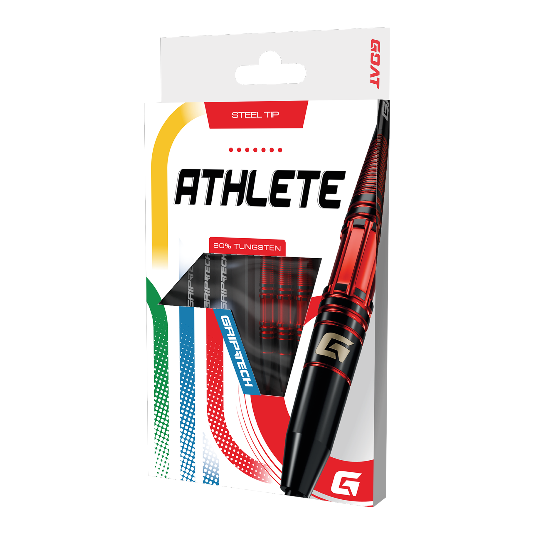 Auf dem Bild sind die GOAT Athlete Red Tungsten Steeldarts zu sehen. Sie zeichnen sich durch ein sportliches Aussehen aus.