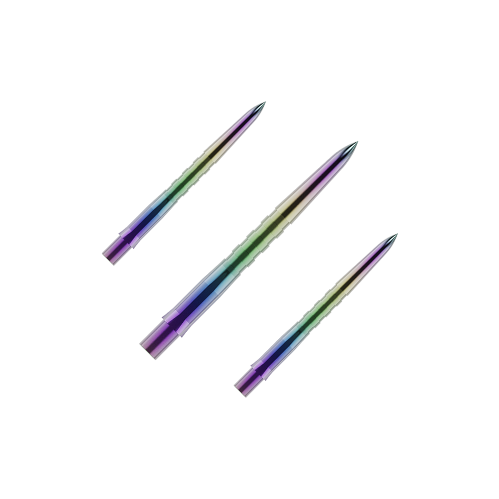 Mission Caliburn EVO Dartspitzen - Grooved - Coral Auf dem Bild sind drei bunte, gerillte Dartspitzen zu sehen. Sie haben eine glänzende Oberfläche mit violetten, grünen und blauen Farbverläufen.