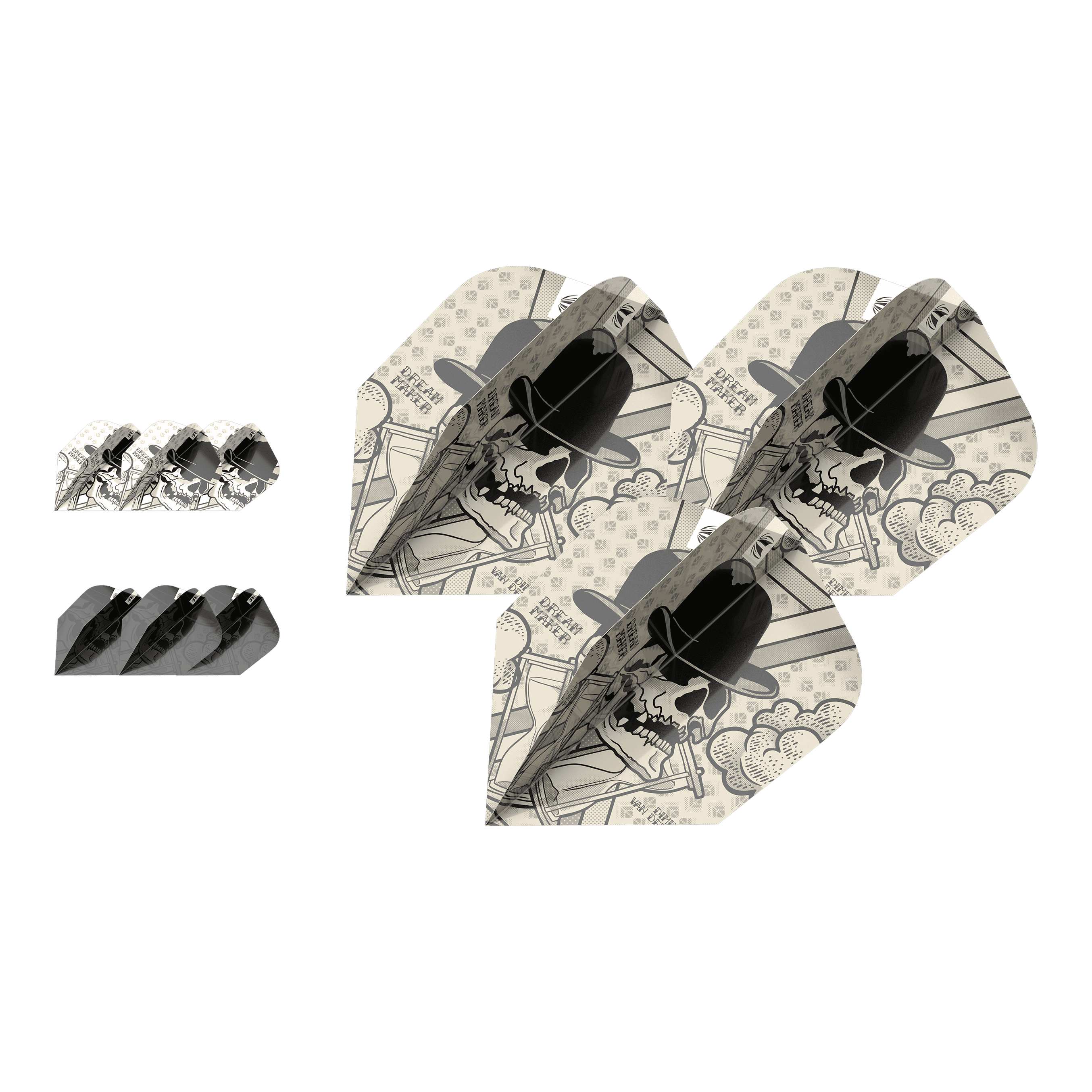 Das Bild zeigt drei Sets von Dartflights mit einem Totenkopf-Design und Hut. Die Flights gehören zum Produkt "Target Ink Bundle 3 Sets Dimitri Van Den Bergh Ten-X Flights".